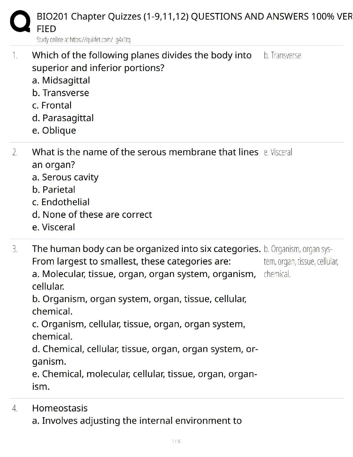 Preview of BIO 201 / Chapter Quizzes (1–9, 11, 12) / Questions & Answers / Test Bank / 100% Verified