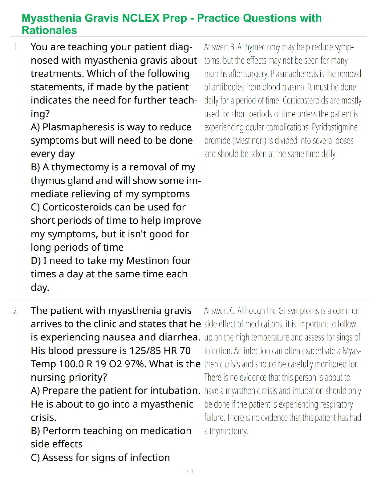 Myasthenia Gravis NCLEX Prep - Practice Questions with Rationales