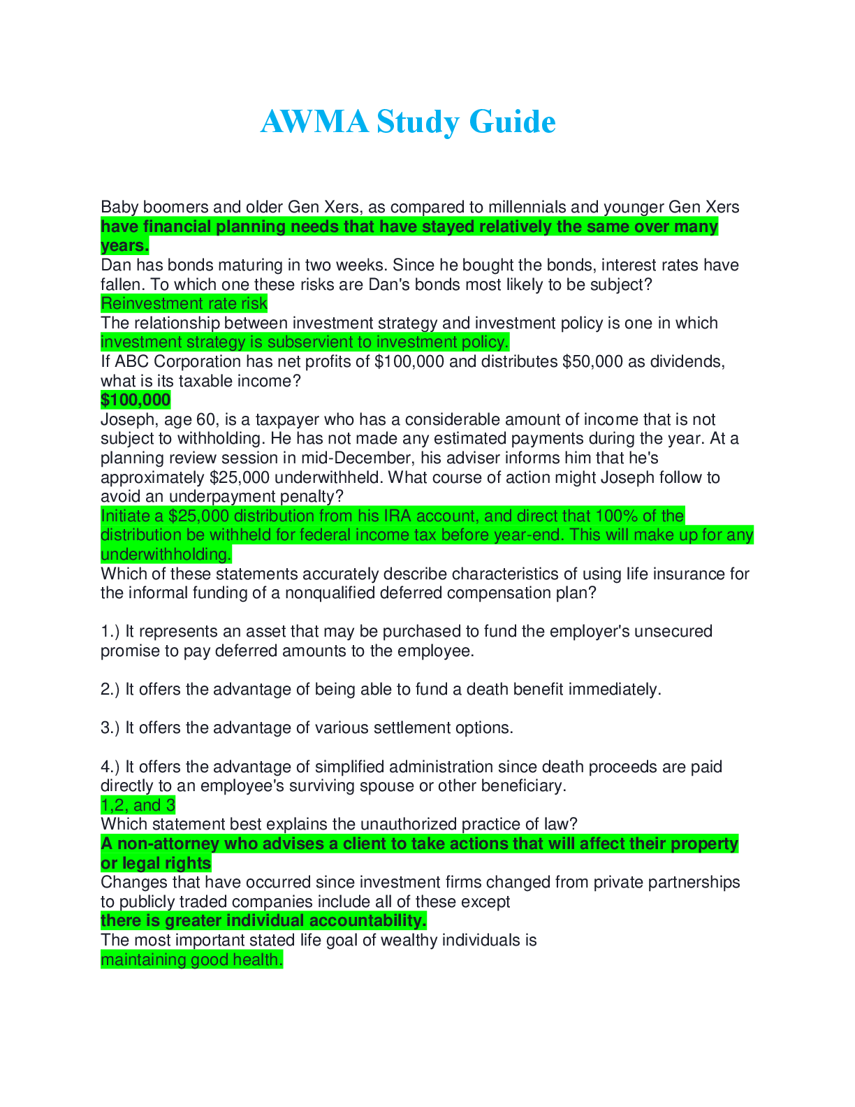 Preview image for AWMA Study Guide questions with correct answers complete solution 2025/2026