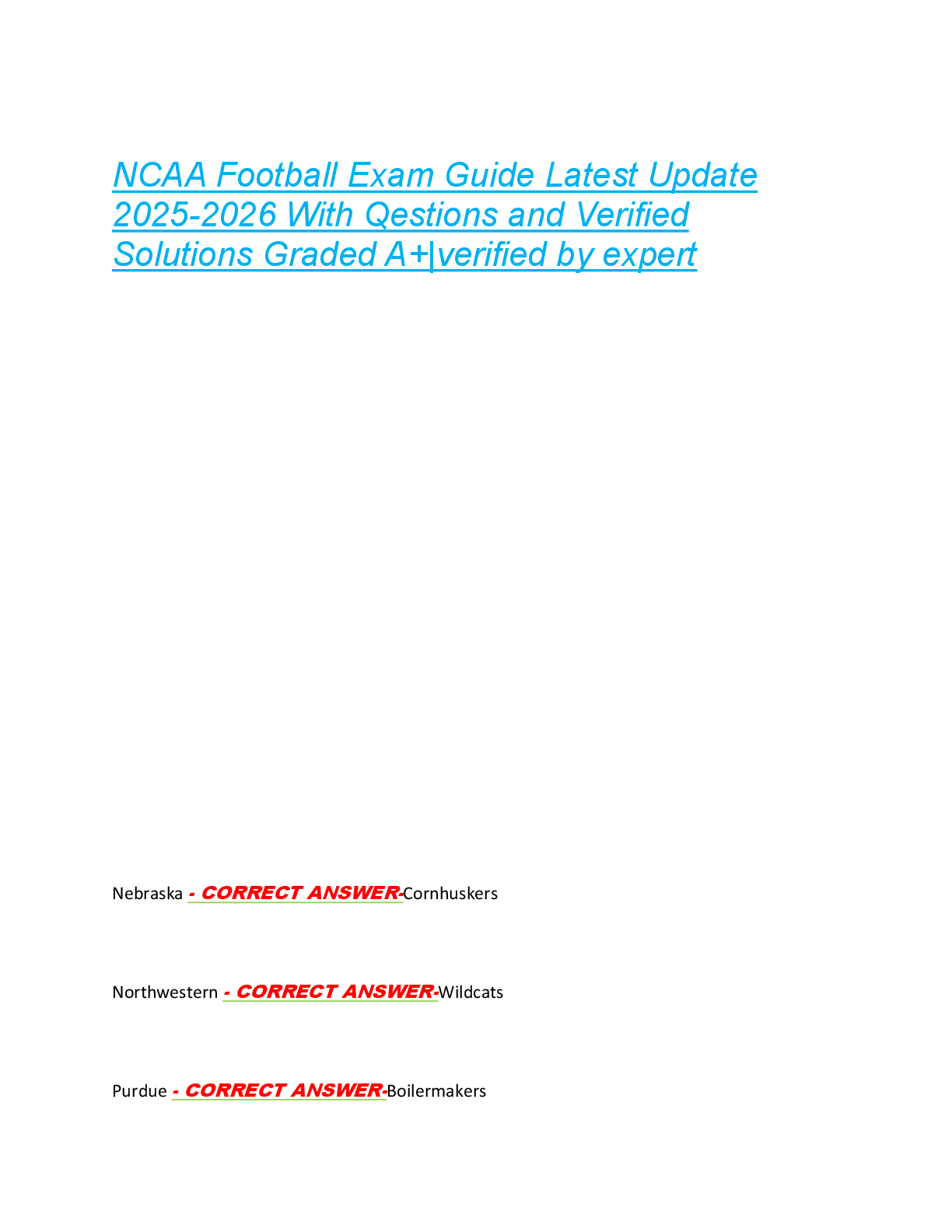 NCAA Football Exam Guide Latest Update  2025-2026 With Qestions and Verified  Solutions Graded A+|verified by expert