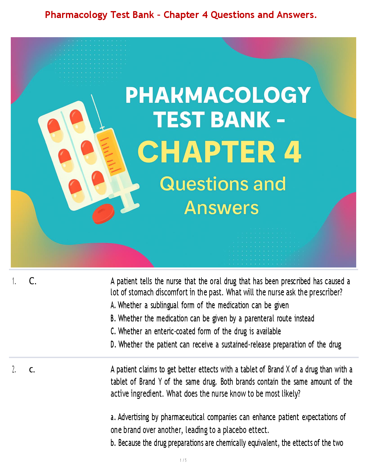 Pharmacology Test Bank – Chapter 4 Questions and Answers.