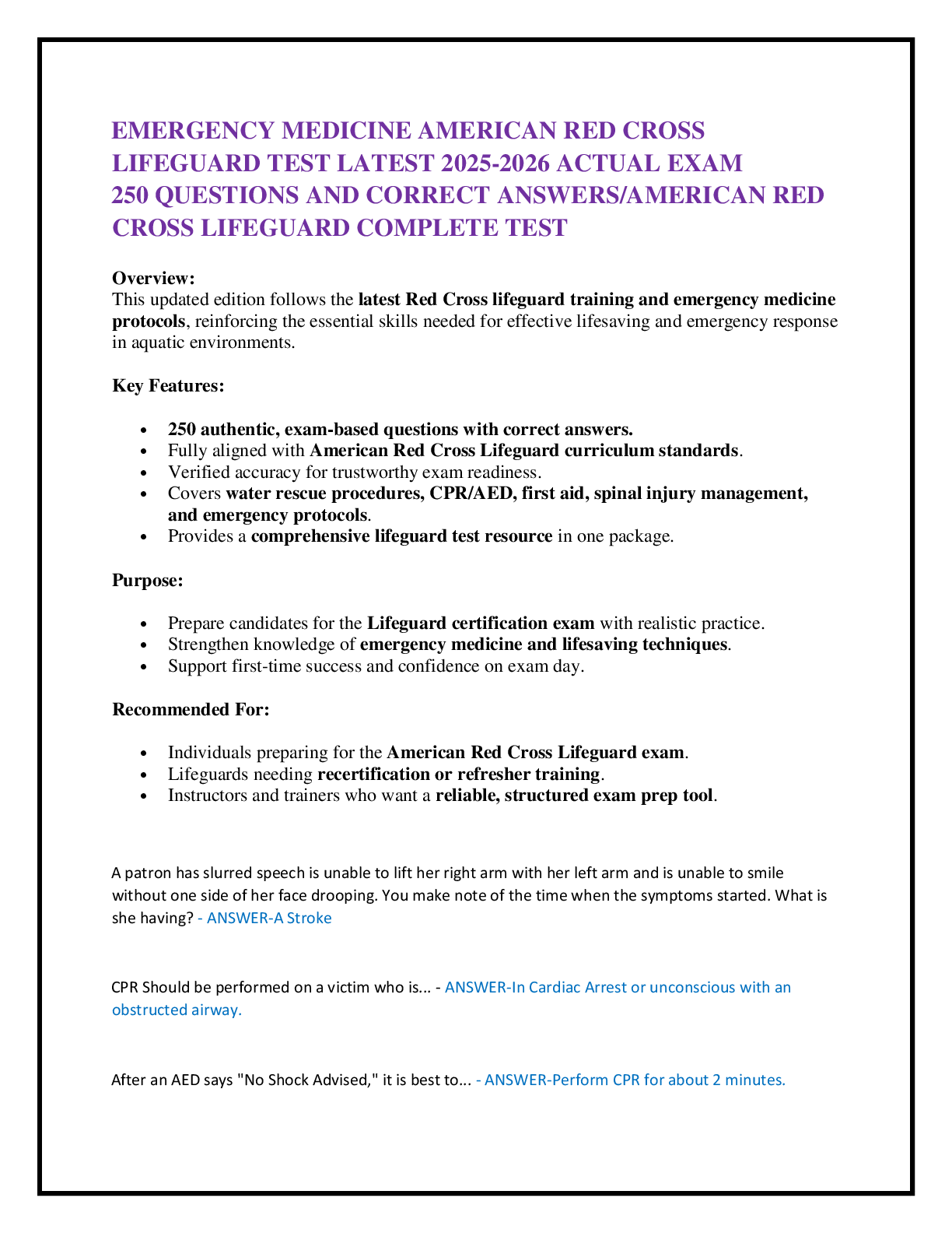 Preview of EMERGENCY MEDICINE AMERICAN RED CROSS LIFEGUARD TEST LATEST 2025-2026 ACTUAL EXAM  250 QUESTIONS AND CORRECT ANSWERS/AMERICAN RED CROSS LIFEGUARD COMPLETE TEST