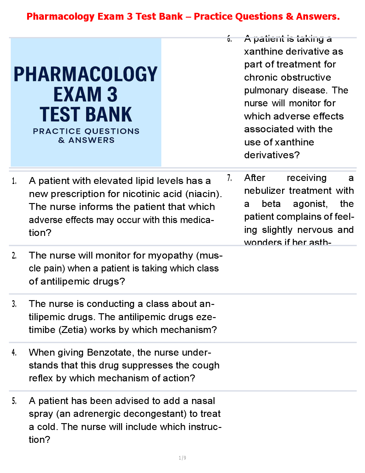 Preview image for Pharmacology Exam 3 Test Bank – Practice Questions & Answers.