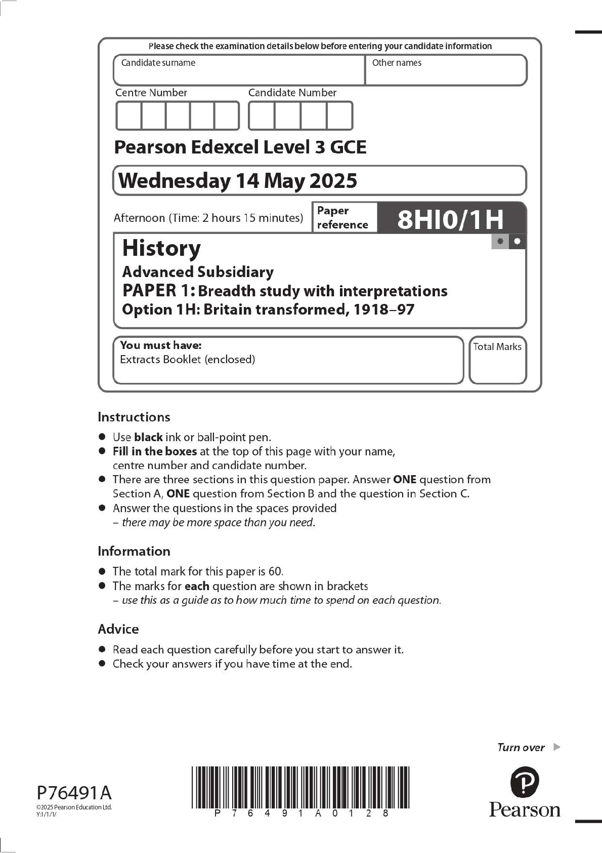 Preview image for 2025 Pearson Edexcel Level 3 GCE 8HI0/1H History Advanced Subsidiary PAPER 1: Breadth study with interpretations Option 1H: Britain transformed, 1918–97 Question Paper + Mark Scheme
