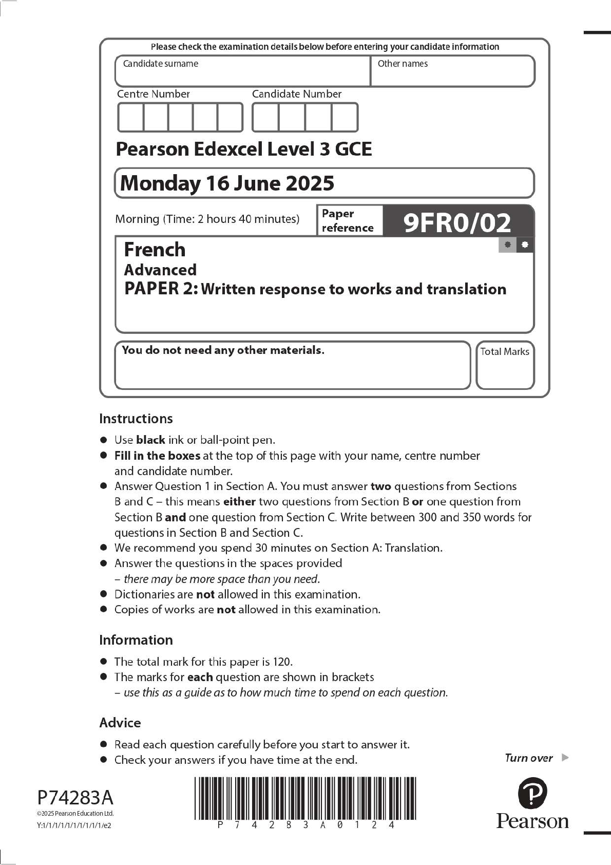 Preview image for 2025 Pearson Edexcel Level 3 GCE 9FR0/02 French Advanced PAPER 2: Written response to works and translation Question Paper + Mark Scheme