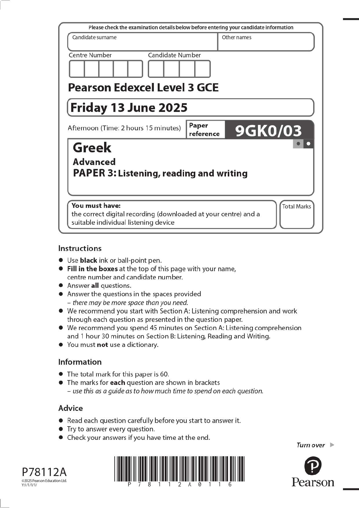 Preview image for 2025 Pearson Edexcel Level 3 GCE 9GK0/03 Greek Advanced PAPER 3: Listening, reading and writing Question Paper + Mark Scheme