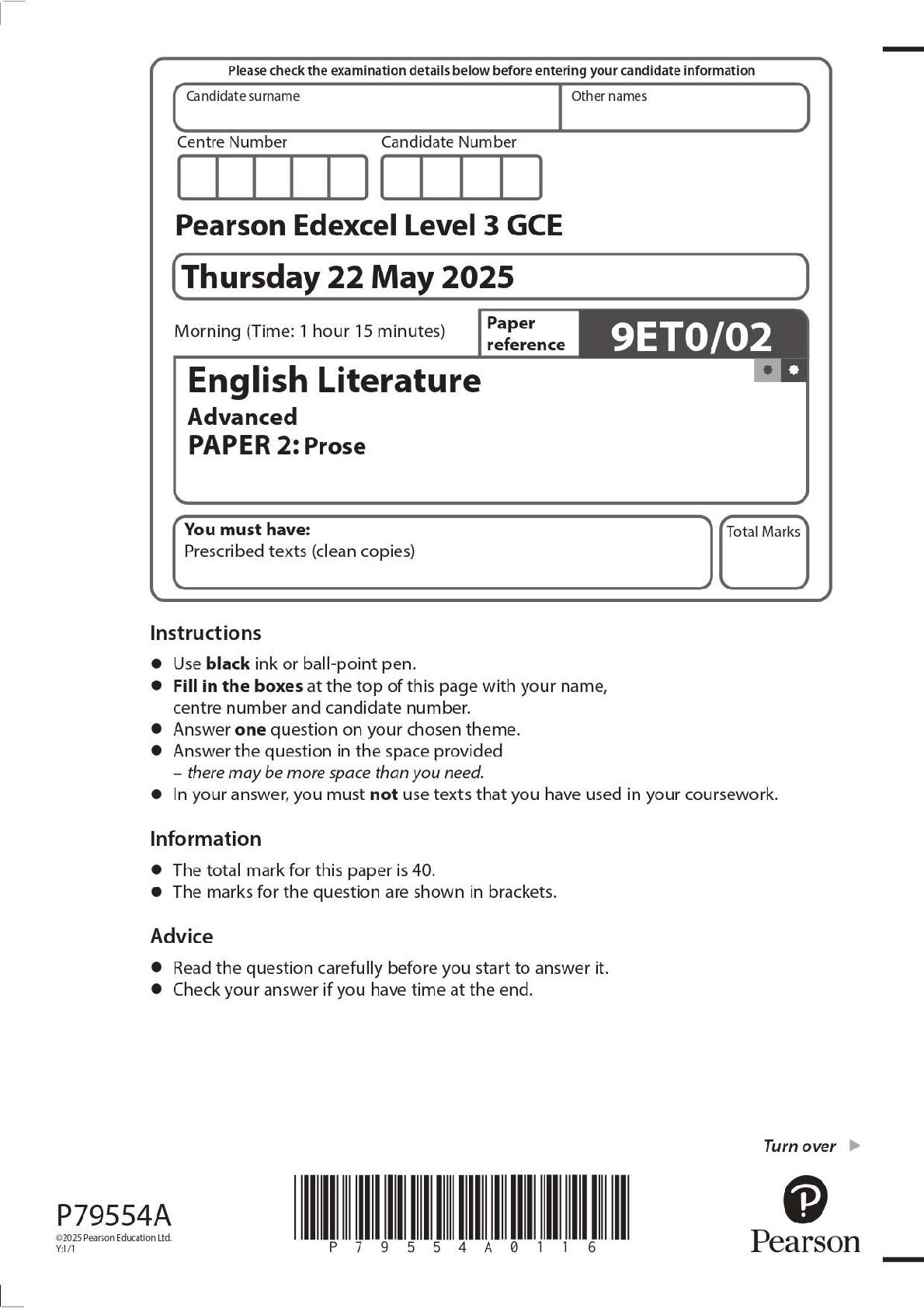 Preview image for 2025 Pearson Edexcel Level 3 GCE 9ET0/03 English Literature Advanced PAPER 3: Poetry Question Paper + Mark Scheme