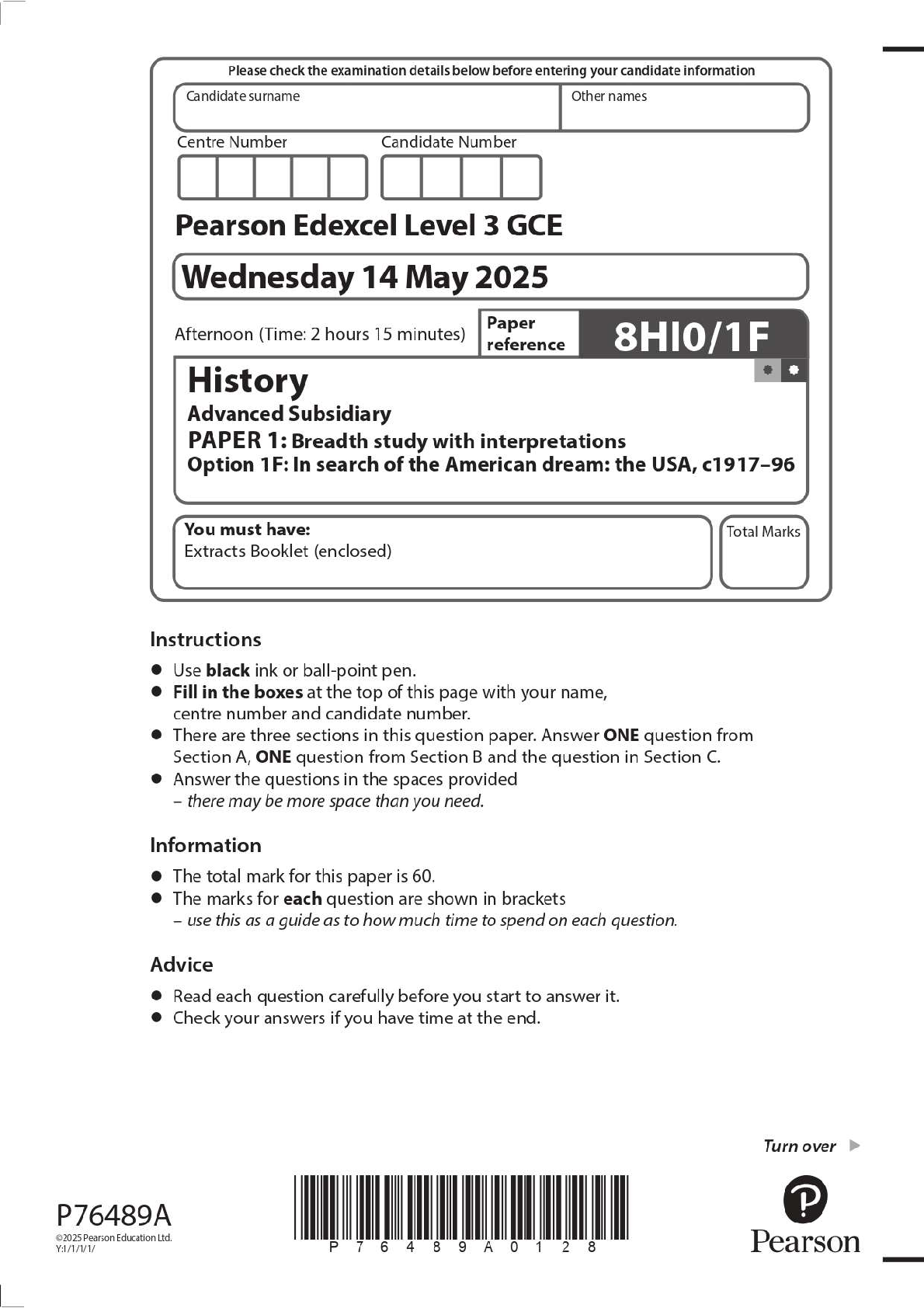 Preview image for 2025 Pearson Edexcel Level 3 GCE 8HI0/1F History Advanced Subsidiary PAPER 1: Breadth study with interpretations Option 1F: In search of the American dream: the USA, c1917–96 Question Paper + Mark Scheme