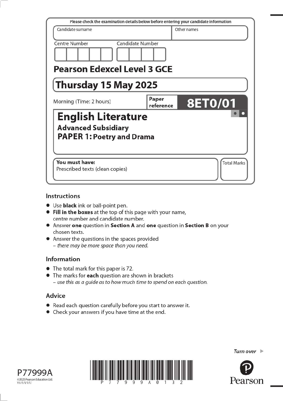 Preview image for 2025 Pearson Edexcel Level 3 GCE 8ET0/01 English Literature Advanced Subsidiary PAPER 1: Poetry and Drama Question Paper + Mark Scheme
