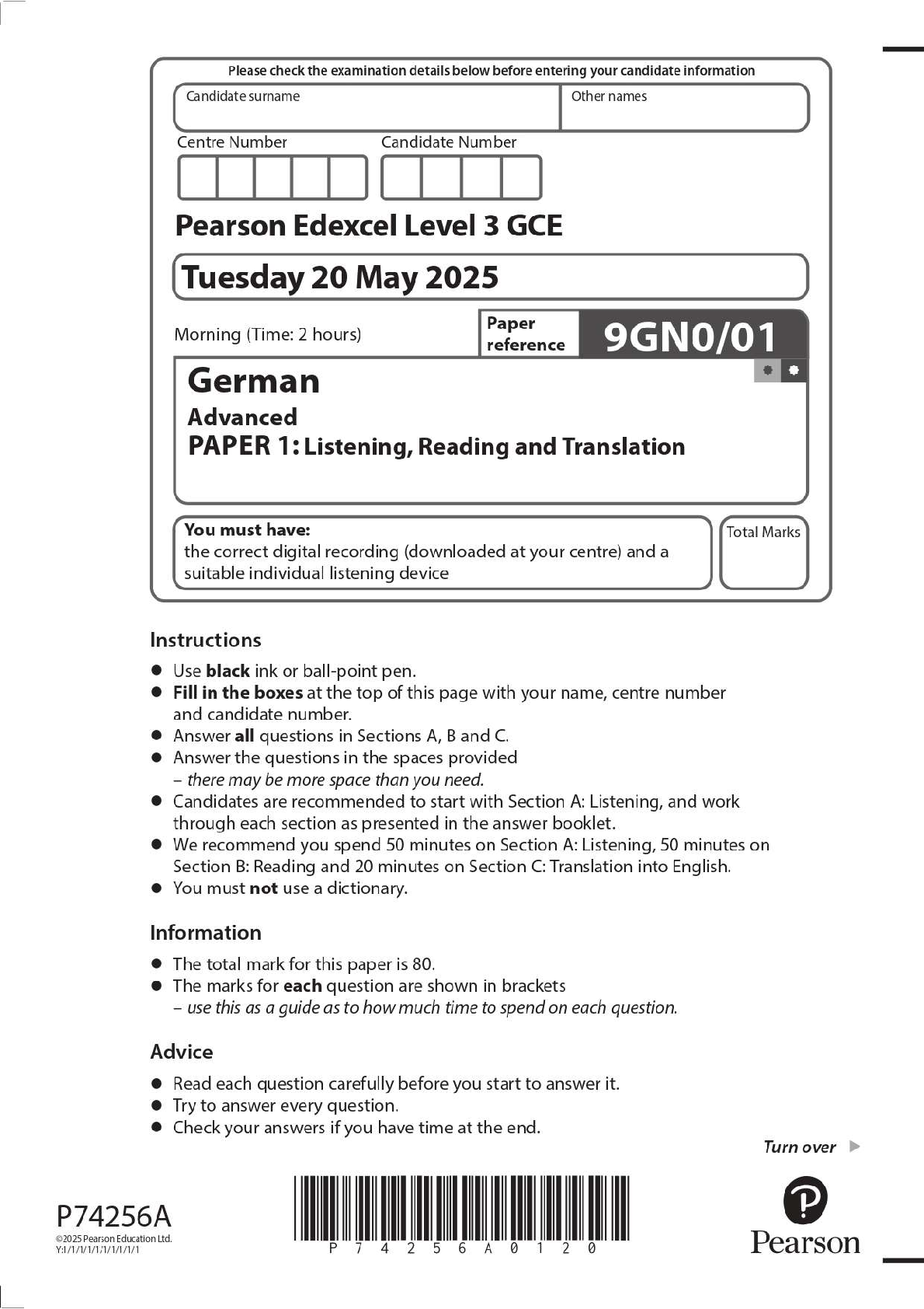 Preview image for 2025 Pearson Edexcel Level 3 GCE 9GN0/01 German Advanced PAPER 1: Listening, Reading and Translation Question Paper + Mark Scheme