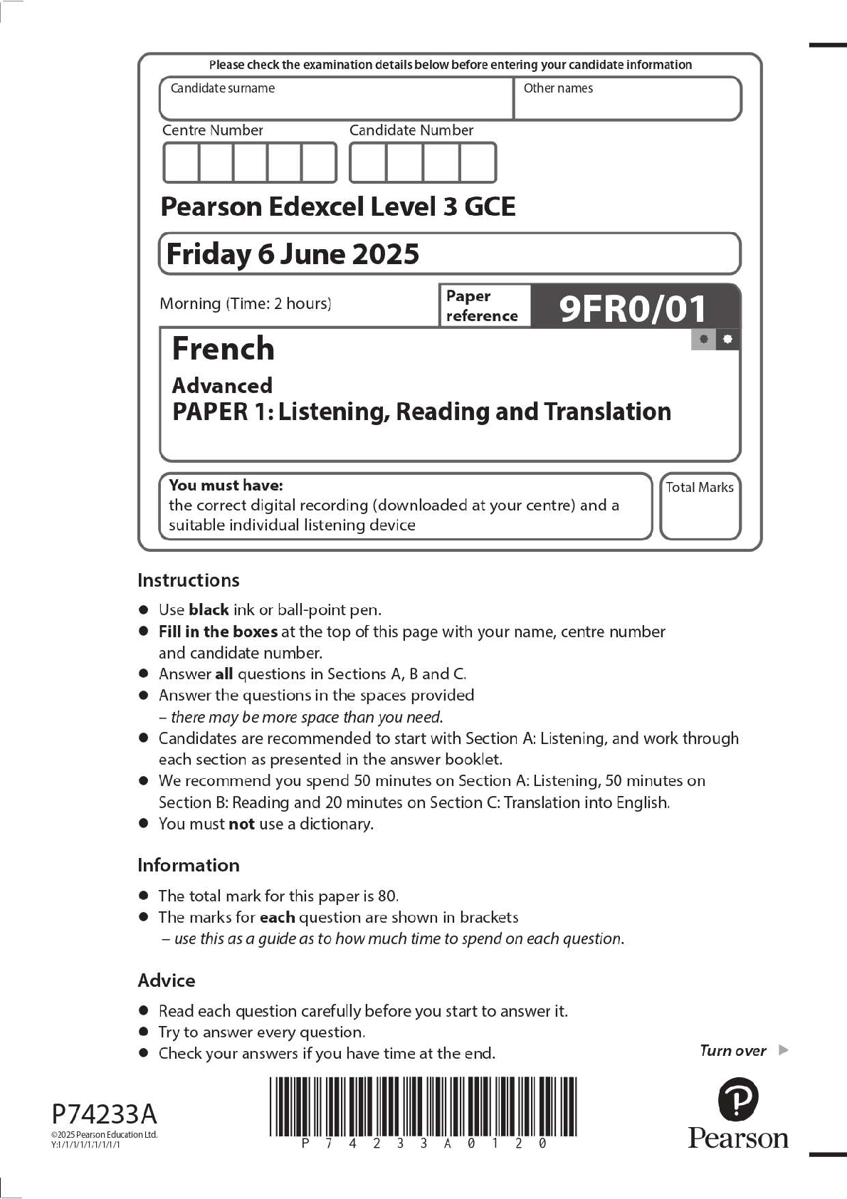 Preview image for 2025 Pearson Edexcel Level 3 GCE 9FR0/01 French Advanced PAPER 1: Listening, Reading and Translation Question Paper + Mark Scheme