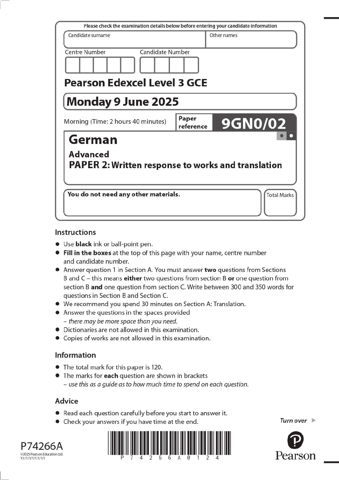 Preview image for 2025 Pearson Edexcel Level 3 GCE 9GN0/02 German Advanced PAPER 2: Written response to works and translation Question Paper + Mark Scheme
