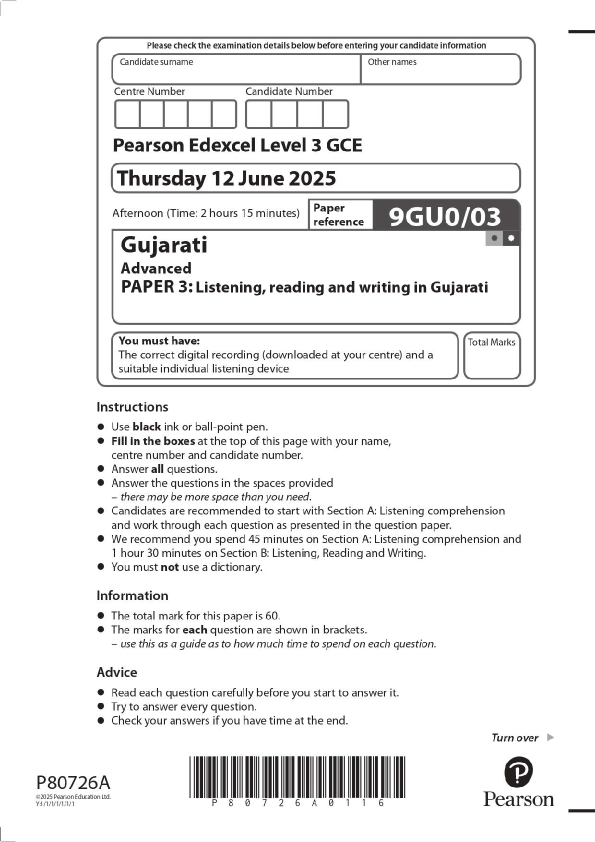 Preview image for 2025 Pearson Edexcel Level 3 GCE Gujarati Advanced PAPER 3: Listening, reading and writing in Gujarati Question Paper + Mark Scheme
