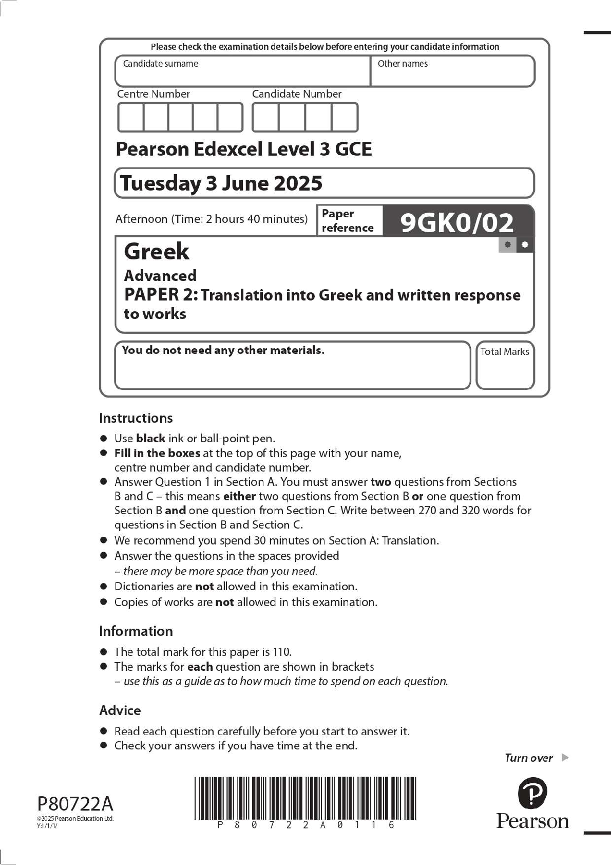 Preview image for 2025 Pearson Edexcel Level 3 GCE 9GK0/02 Greek Advanced PAPER 2: Translation into Greek and written response to works Question Paper + Mark Scheme
