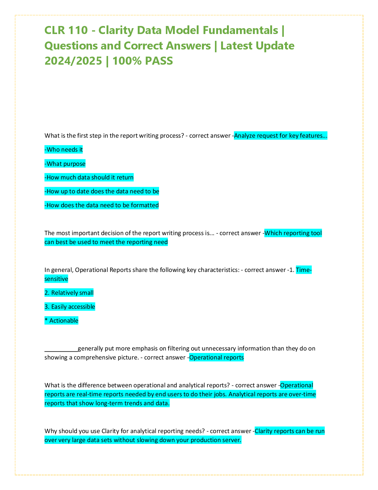 Preview image for CLR 110 - Clarity Data Model Fundamentals |  Questions and Correct Answers | Latest Update  2024/2025 | 100% PASS