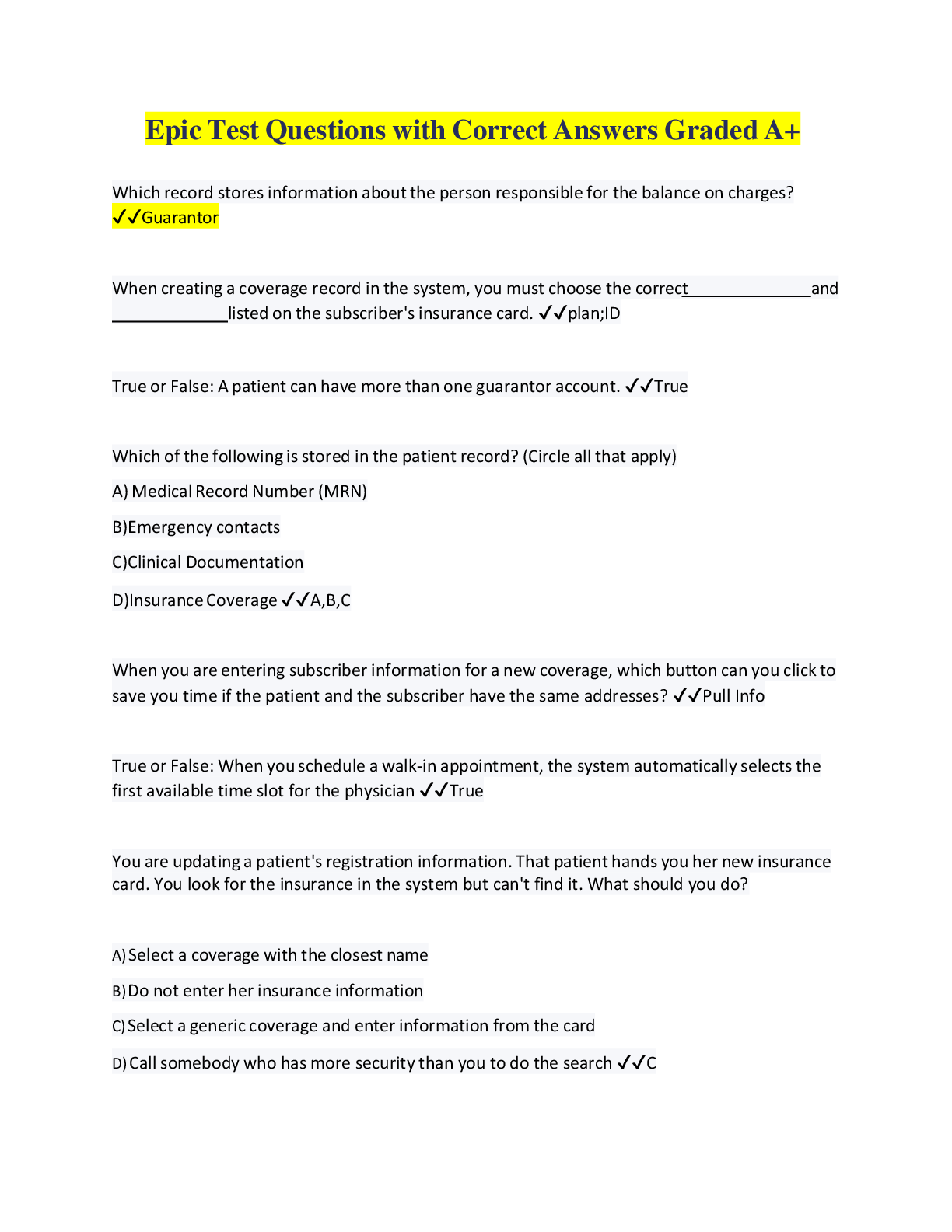 Preview image for Epic Test Questions with Correct Answers Graded A+