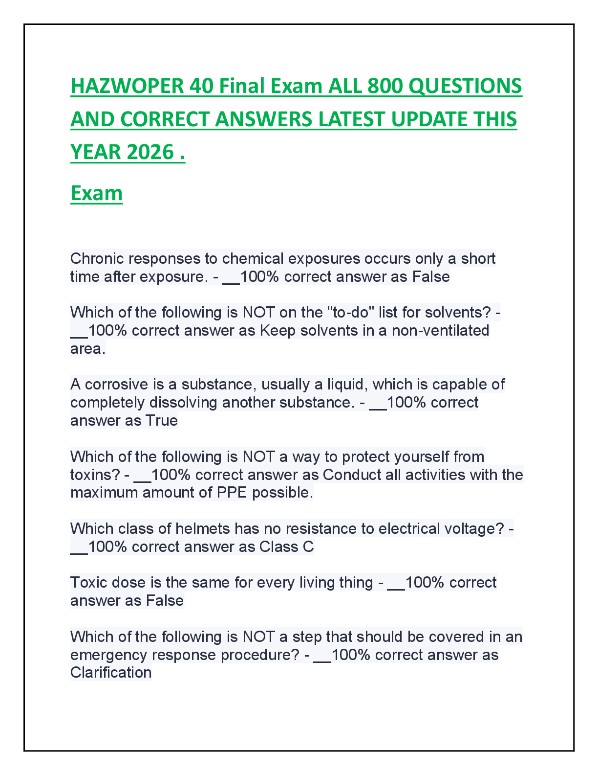 Preview image for HAZWOPER 40 Final Exam ALL 800 QUESTIONS  AND CORRECT ANSWERS LATEST UPDATE THIS  YEAR 2026 .  Exam