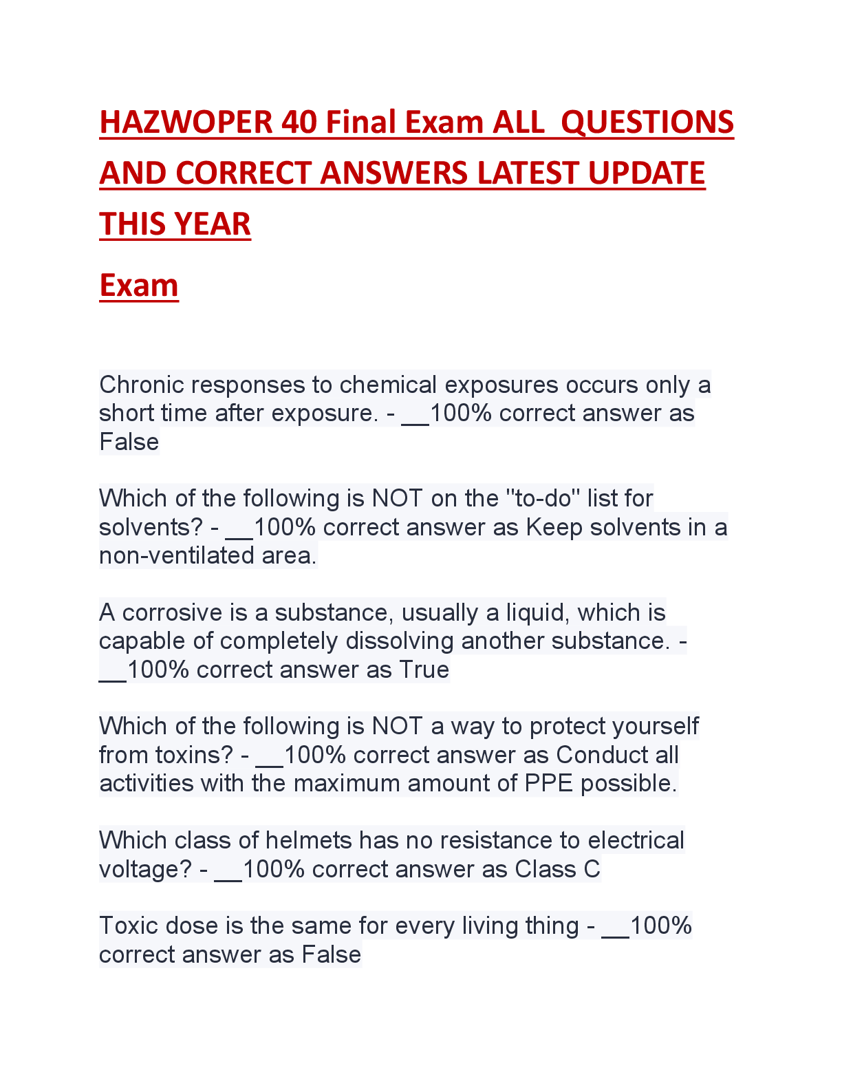 Preview image for HAZWOPER 40 Final Exam ALL  QUESTIONS  AND CORRECT ANSWERS LATEST UPDATE  THIS YEAR  Exam