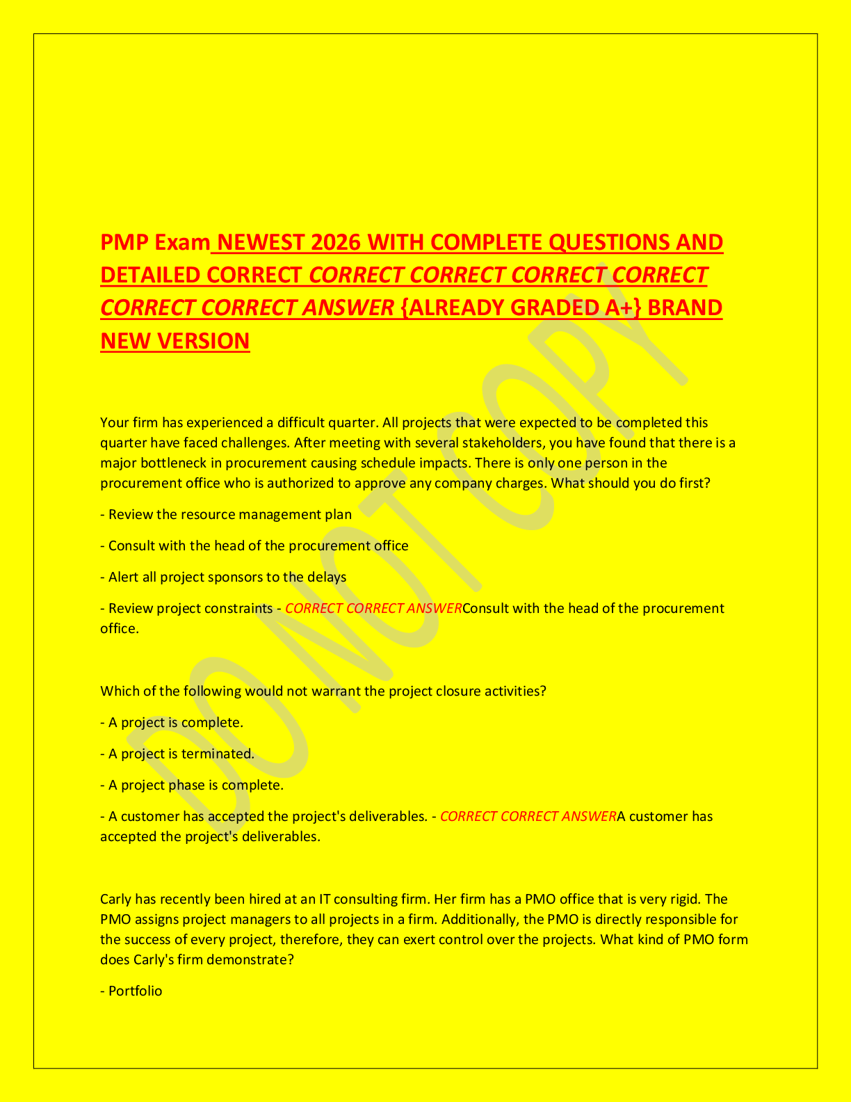 Preview image for PMP Exam NEWEST 2026 WITH COMPLETE QUESTIONS AND  DETAILED                ANSWER {ALREADY GRADED A+} BRAND  NEW VERSION