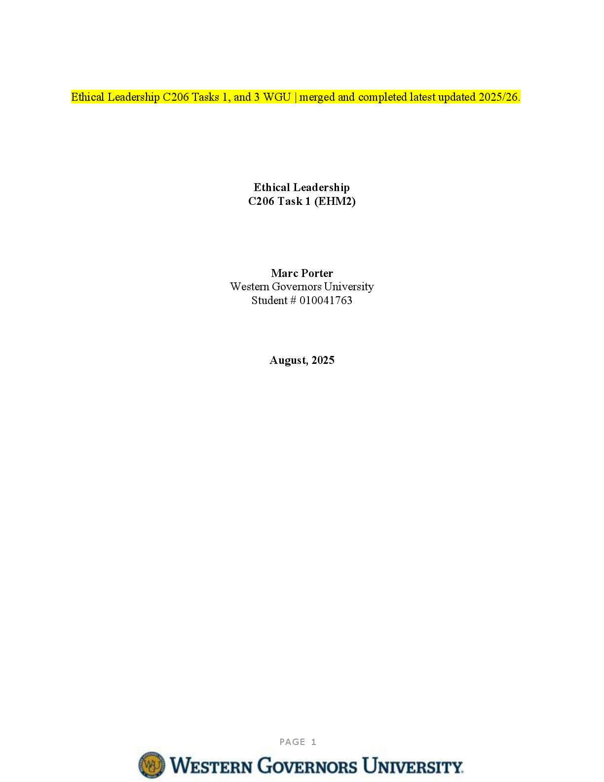 Preview image for Ethical Leadership C206 Tasks 1, and 3 WGU | merged and completed latest updated 2025/26.