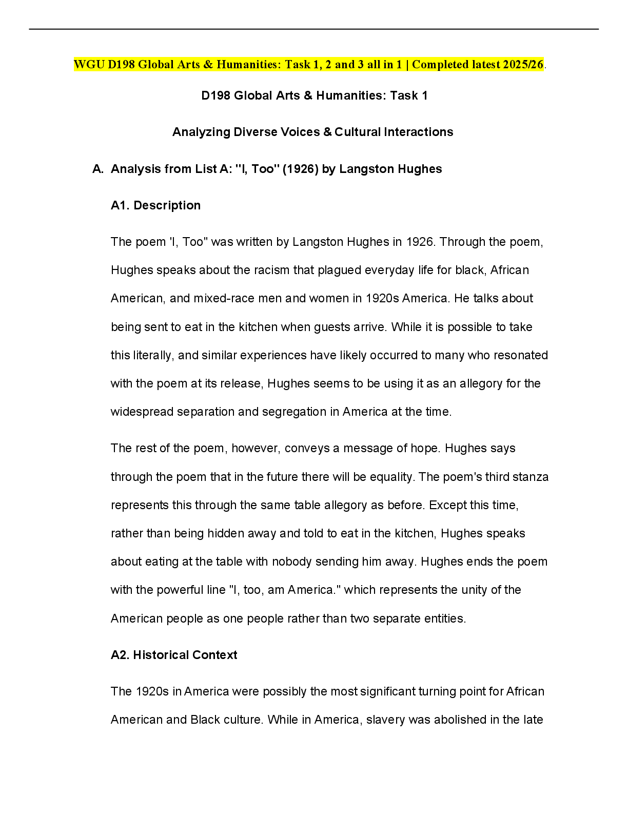 Preview image for WGU D198 Global Arts & Humanities: Task 1, 2 and 3 all in 1 | Completed latest 2025/26.
