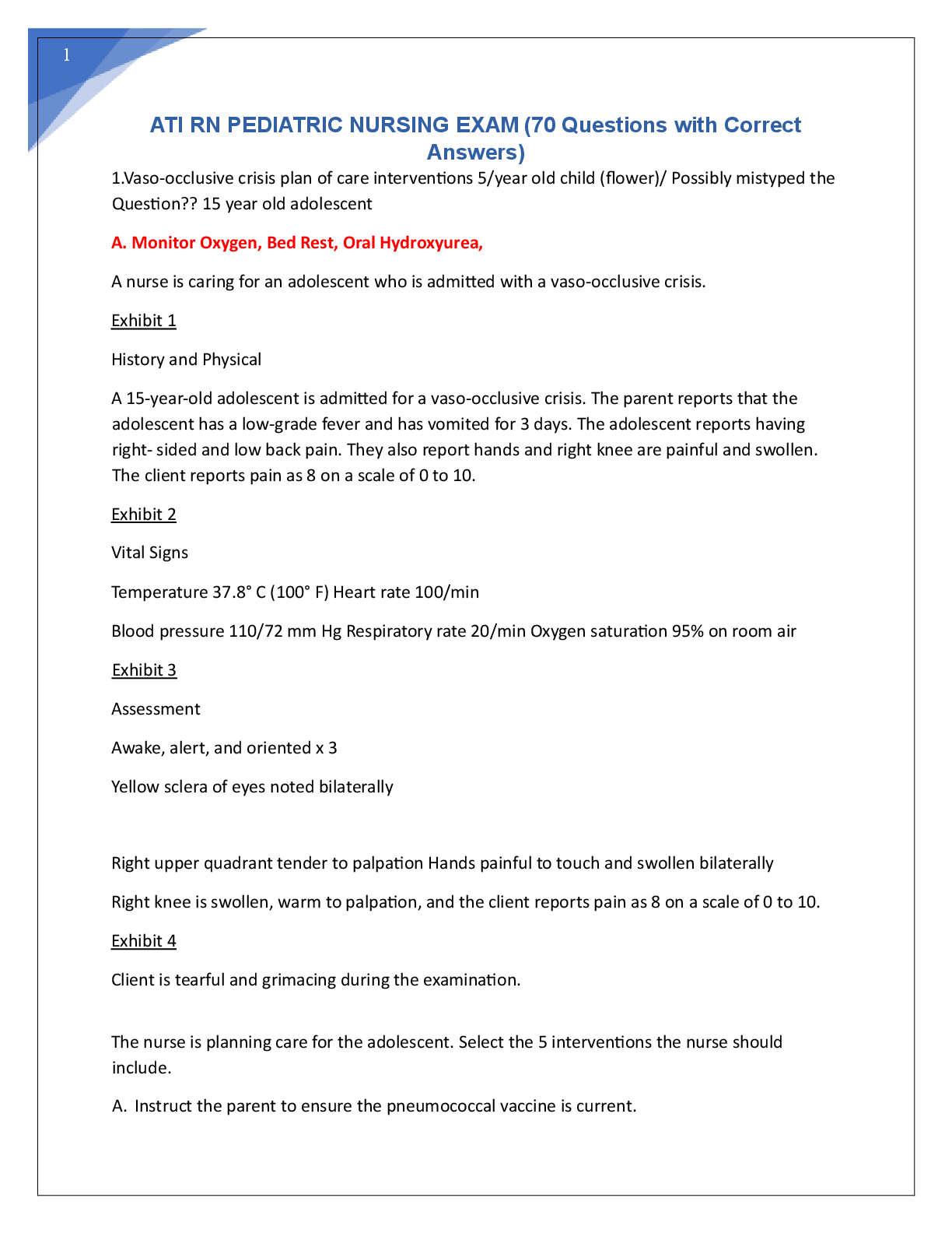 Preview image for ATI RN Pediatric Nursing 2023/2026 Assessment with NGN Questions and 100% Correct Answers to Pass 2026 RN ATI Pediatric Nursing Assessment with NGN