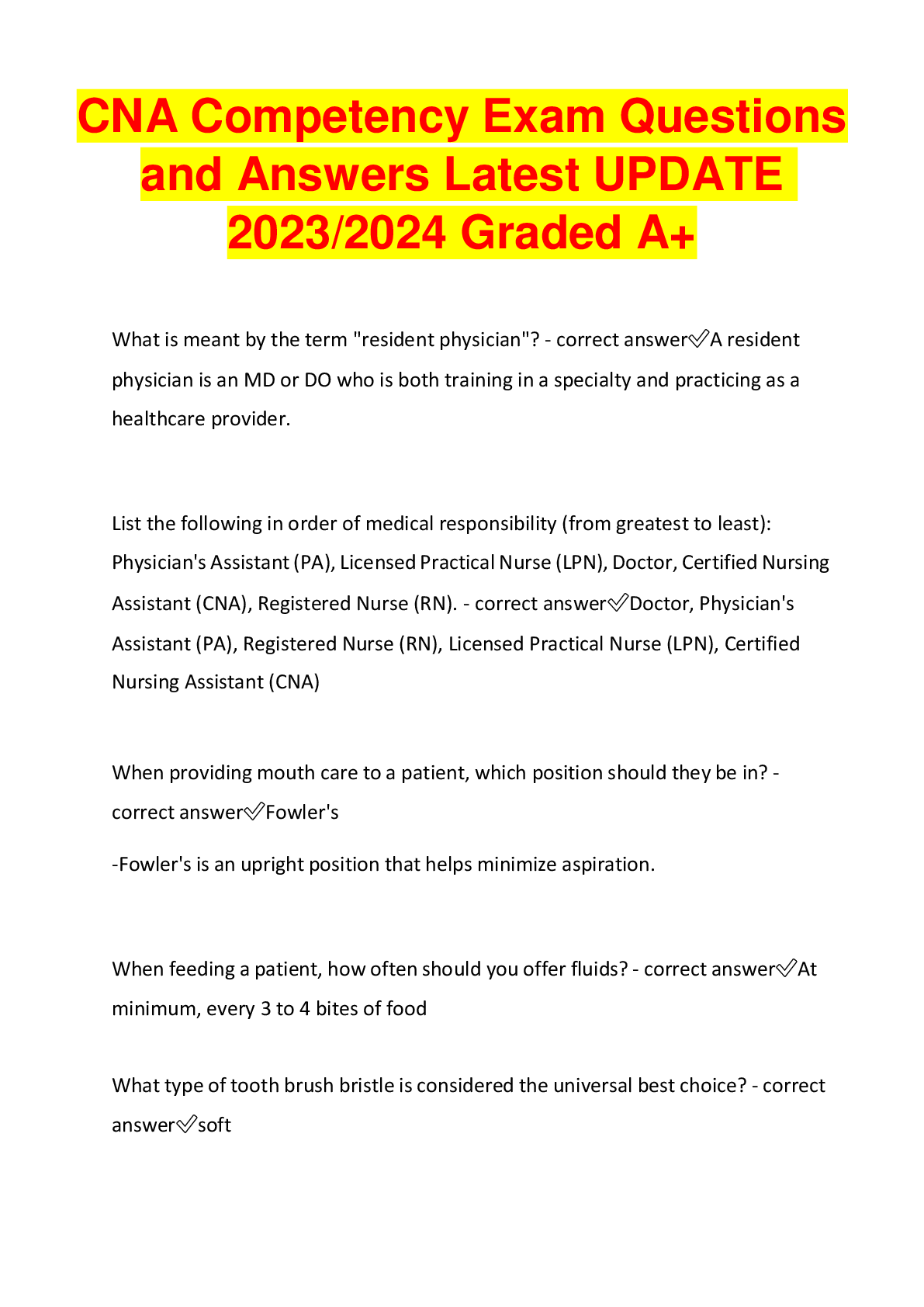 Preview image for CNA Competency Exam Questions_and_Answers_Latest_UPDATE_2023_2024_Graded_A_.pdf