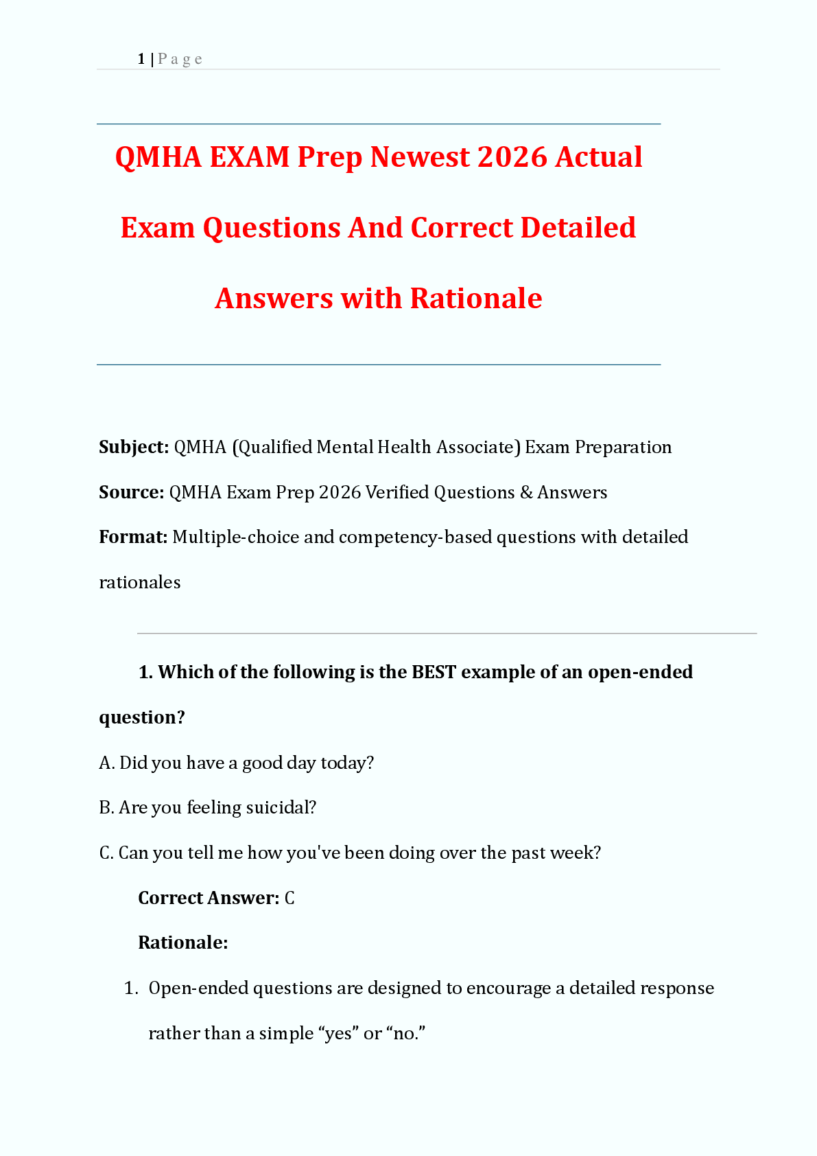 Preview image for QMHA EXAM Prep Newest 2026 Actual  Exam Questions And Correct Detailed  Answers with Rationale