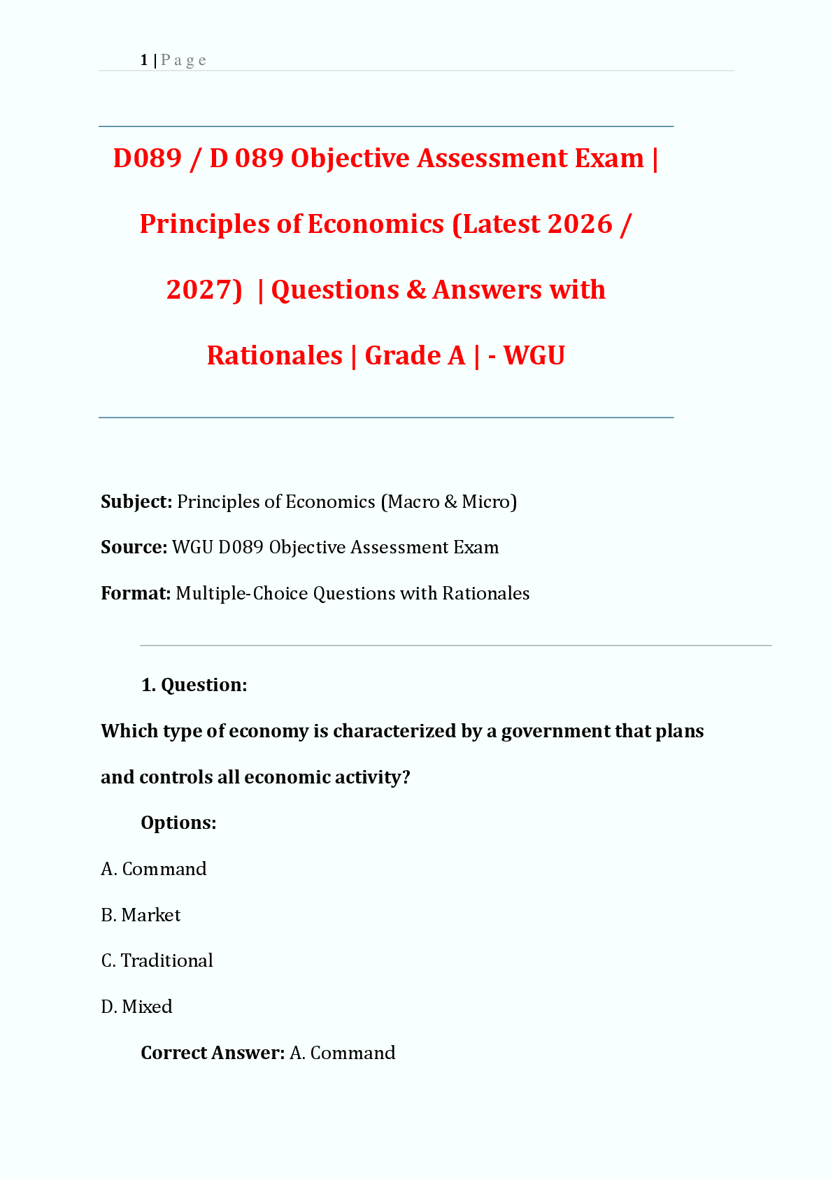 Preview image for D089 / D 089 Objective Assessment Exam |  Principles of Economics (Latest 2026 /  2027)  | Questions & Answers with  Rationales | Grade A | - WGU