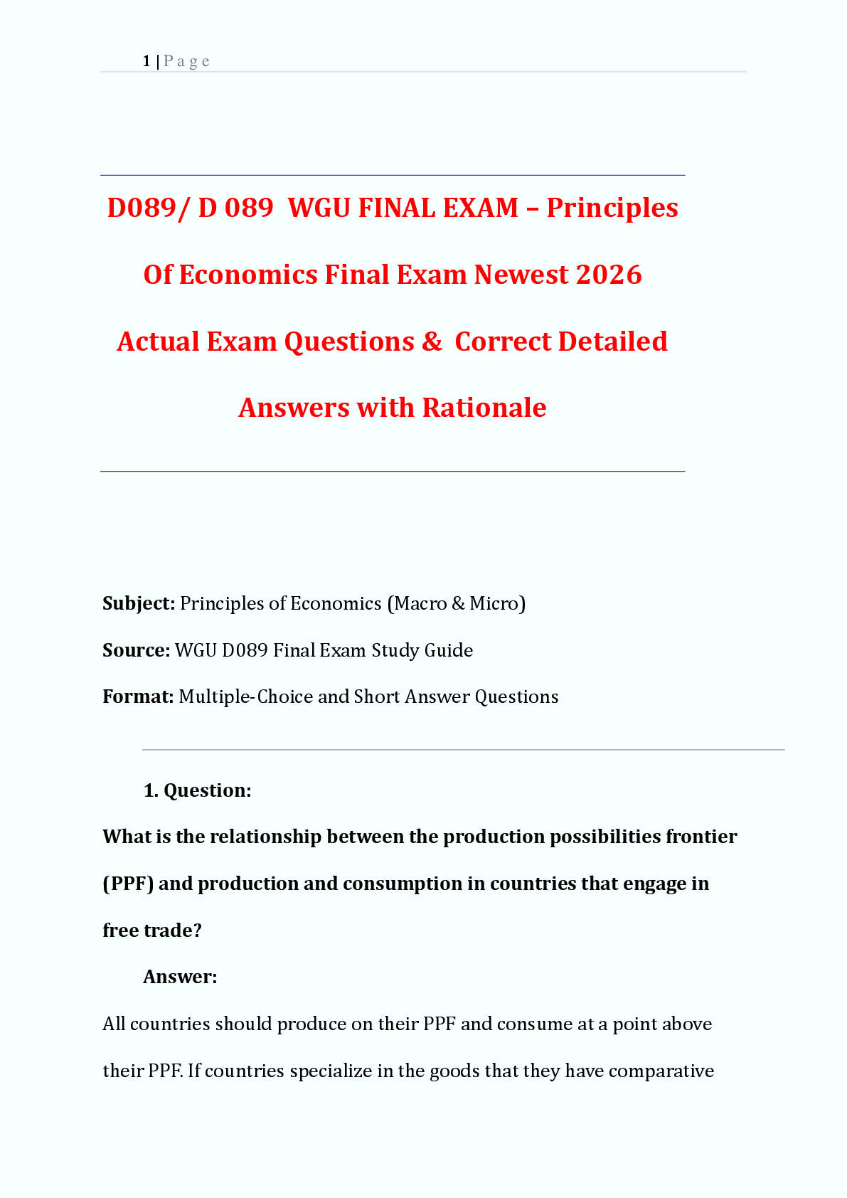 Preview image for D089/ D 089  WGU FINAL EXAM – Principles  Of Economics Final Exam Newest 2026  Actual Exam Questions &  Correct Detailed  Answers with Rationale
