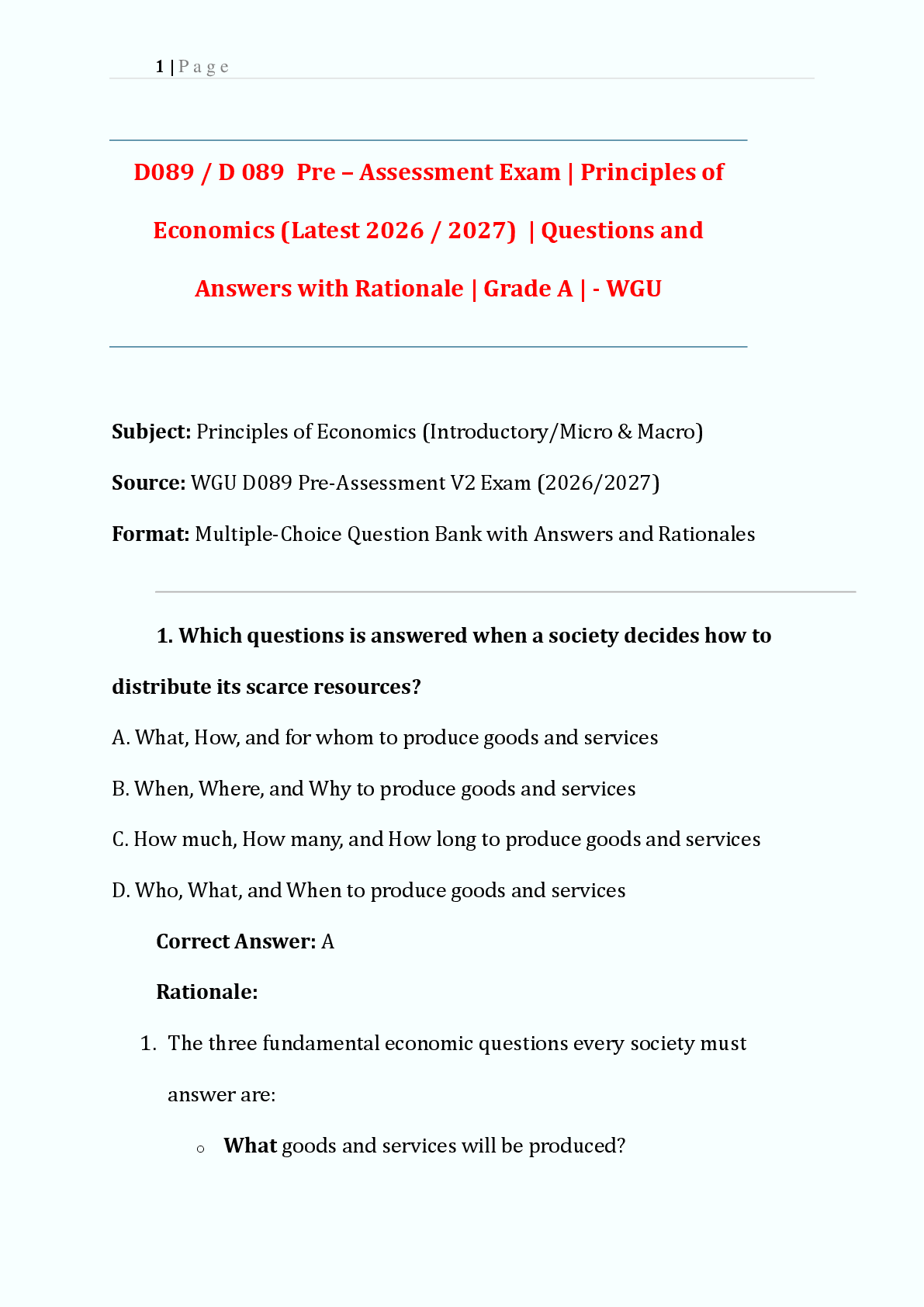 Preview image for D089 / D 089  Pre – Assessment Exam | Principles of  Economics (Latest 2026 / 2027)  | Questions and  Answers with Rationale | Grade A | - WGU