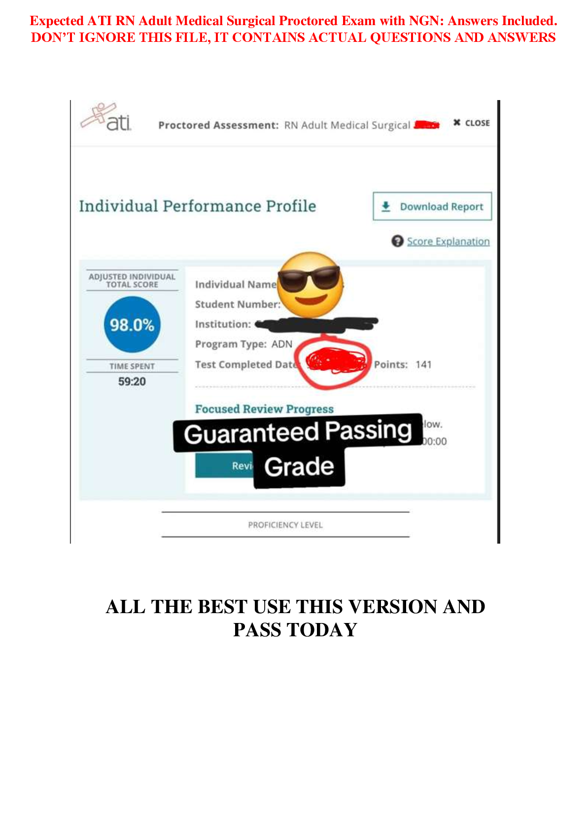 Preview image for This is the ATI RN Adult Medical-Surgical Proctored Exam 2023/2026 with NGN, containing 100 actual screenshot questions with 100% verified correct answers. All NGN formats and exam sections are included. Studying this ensures full coverage and guarantees a first-attempt pass.