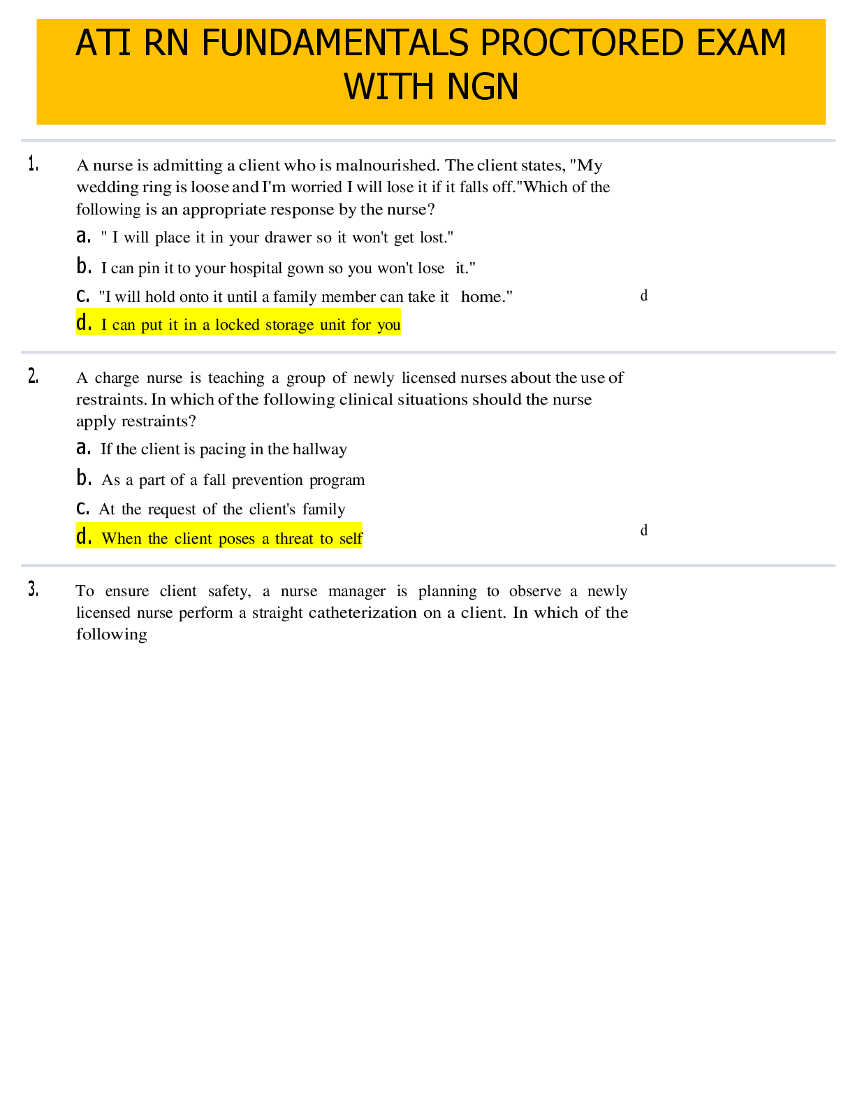 Preview image for Ace ATI RN Fundamentals Proctored Exam 2023/2026 with NGN — 70 Actual Exam Questions & 100% Verified Detailed Answers for First-Attempt Success