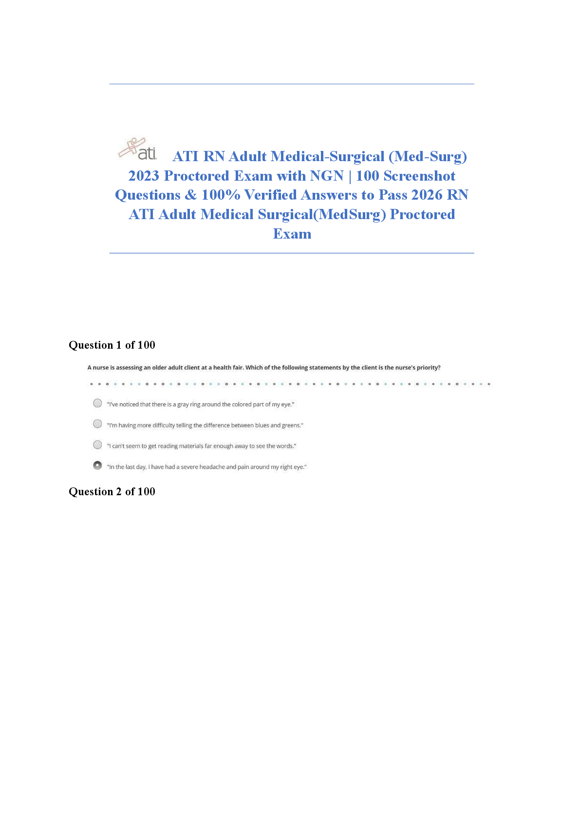 Preview image for ATI RN Adult Medical Surgical Proctored Exam 2023 with NGN (latest 2026 -Version) — 100 Actual Exam Questions & Detailed Answers for Guaranteed A+ on First Attempt
