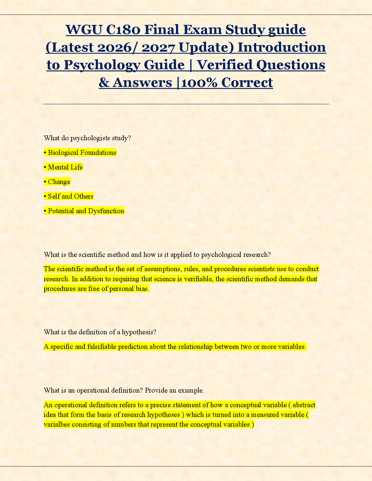 Preview image for WGU C180 Final Exam Study guide (Latest 2026/ 2027 Update) Introduction to Psychology Guide | Verified Questions & Answers |100% Correct A+ Latest