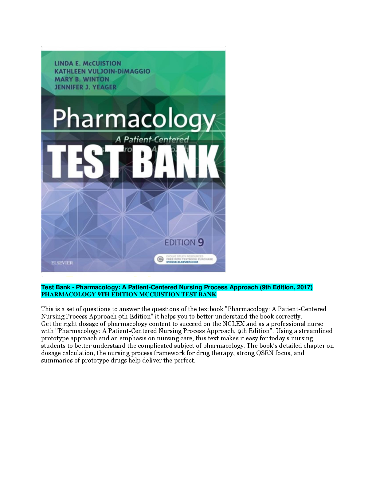 Preview image for TEST BANK Pharmacology: A Patient-Centered Nursing Process Approach 9th Edition By McCuistion