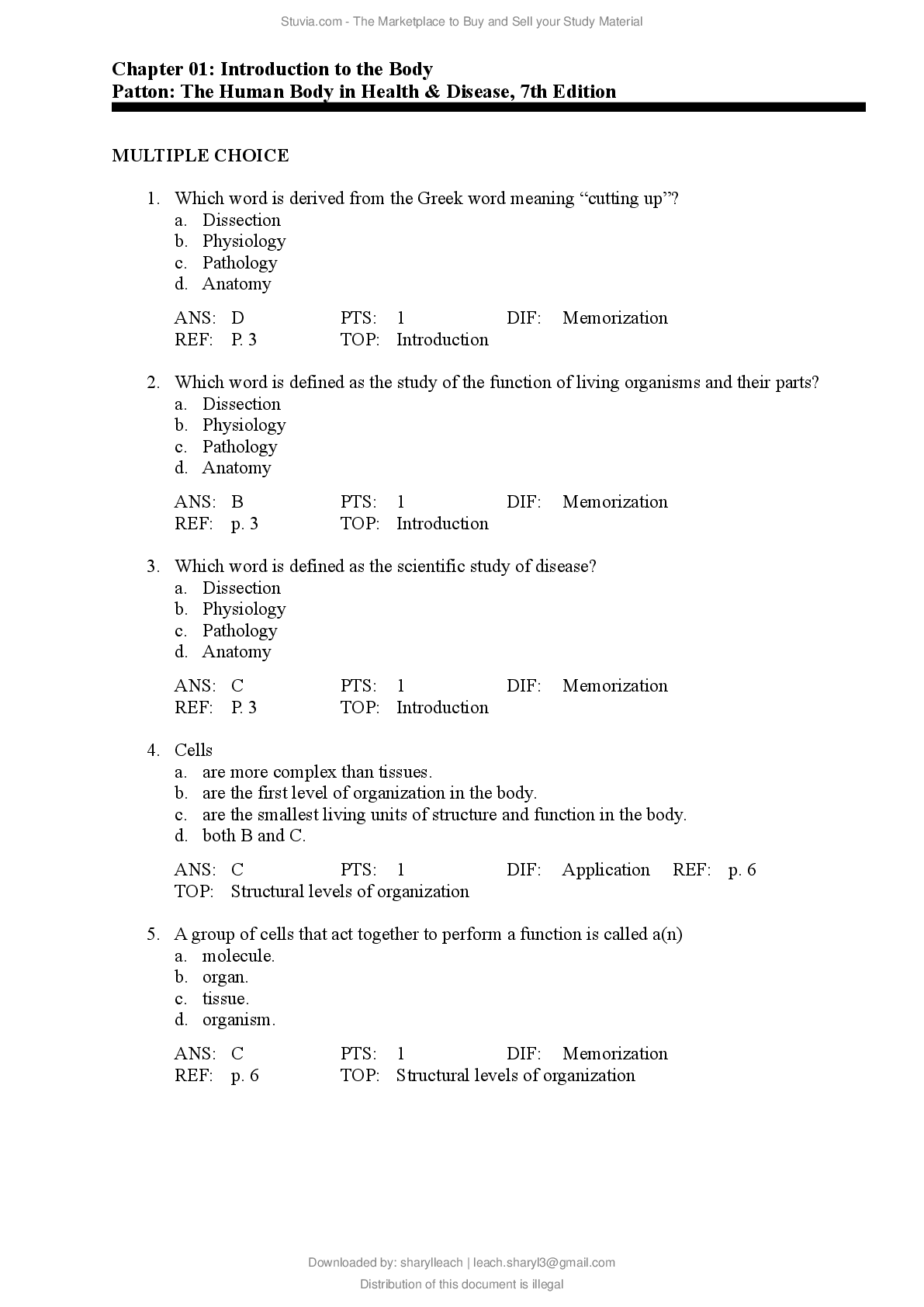 Preview image for Test Bank The Human Body in Health & Disease 7th Edition by Kevin T. Patton