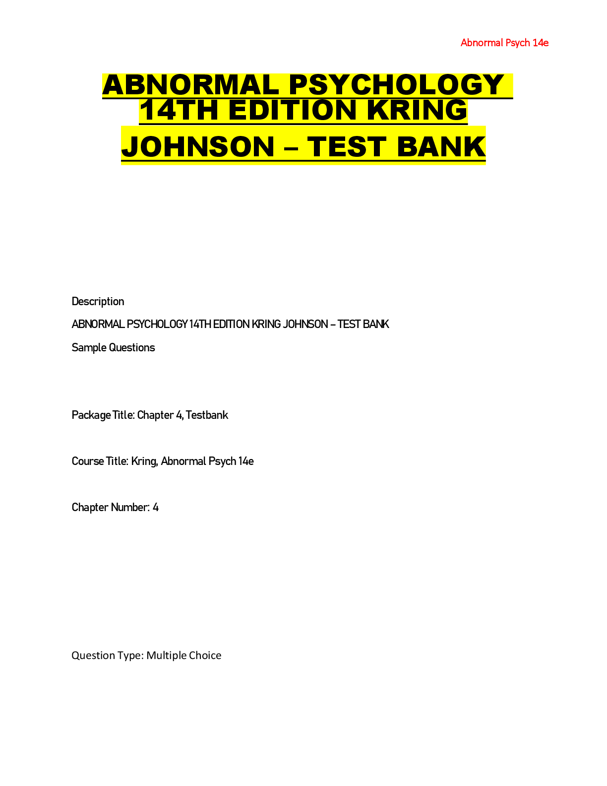 Preview image for Test Bank Abnormal Psychology 14th Edition Kring