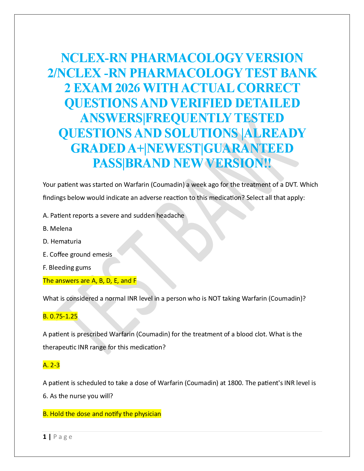 NCLEX-RN PHARMACOLOGY VERSION  2/NCLEX -RN PHARMACOLOGY TEST BANK  2 EXAM 2026