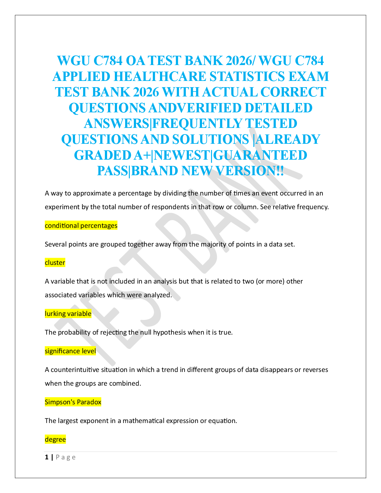 Recommended document preview for WGU C784 OA TEST BANK 2026/ WGU C784  APPLIED HEALTHCARE STATISTICS EXAM  TEST BANK 2026