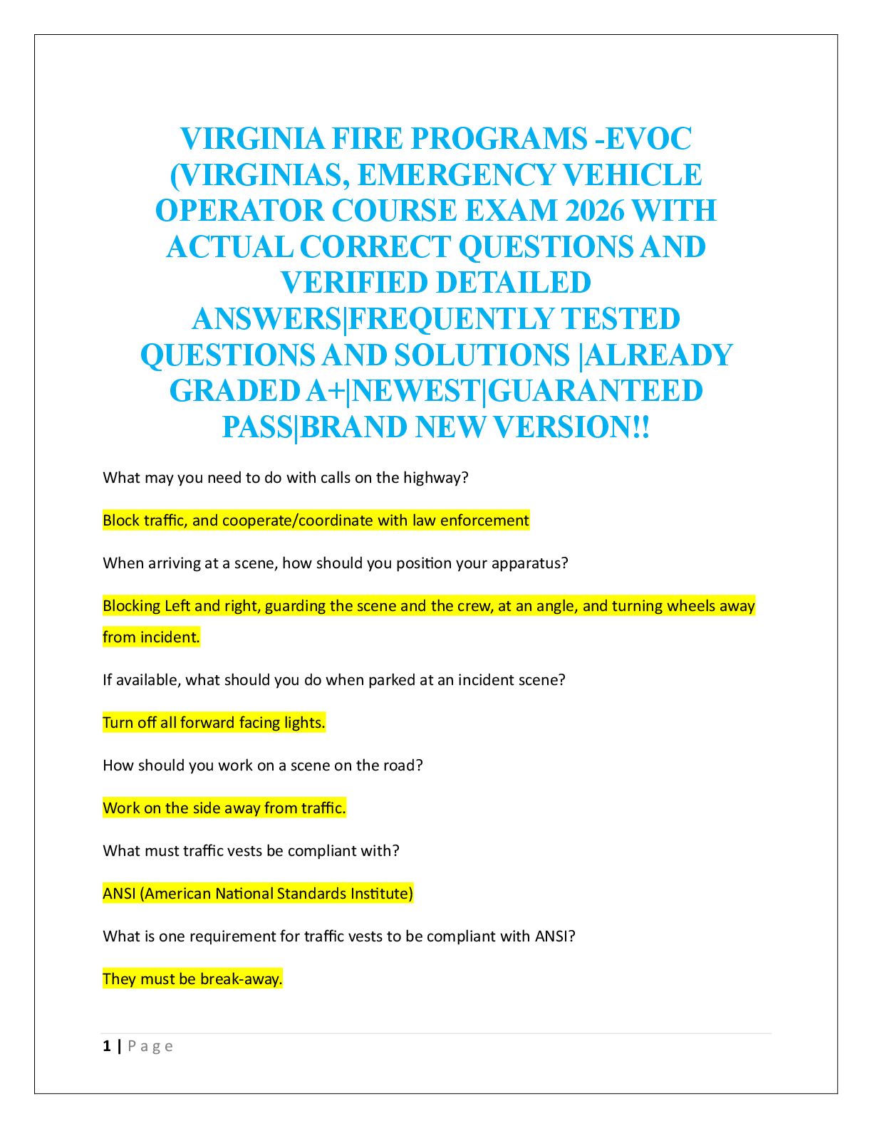 Preview of VIRGINIA FIRE PROGRAMS -EVOC  (VIRGINIAS, EMERGENCY VEHICLE  OPERATOR COURSE EXAM 2026