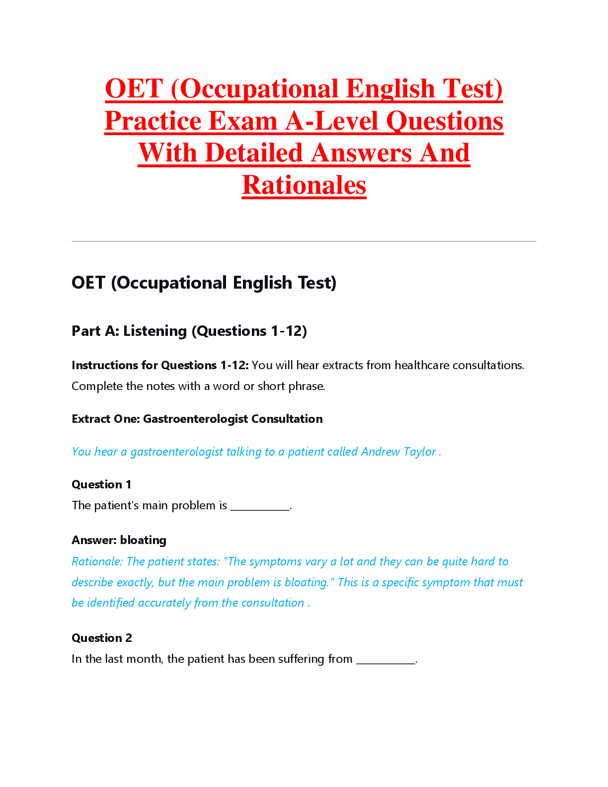 Preview image for OET (Occupational English Test)  Practice Exam A-Level Questions  With Detailed Answers And  Rationales