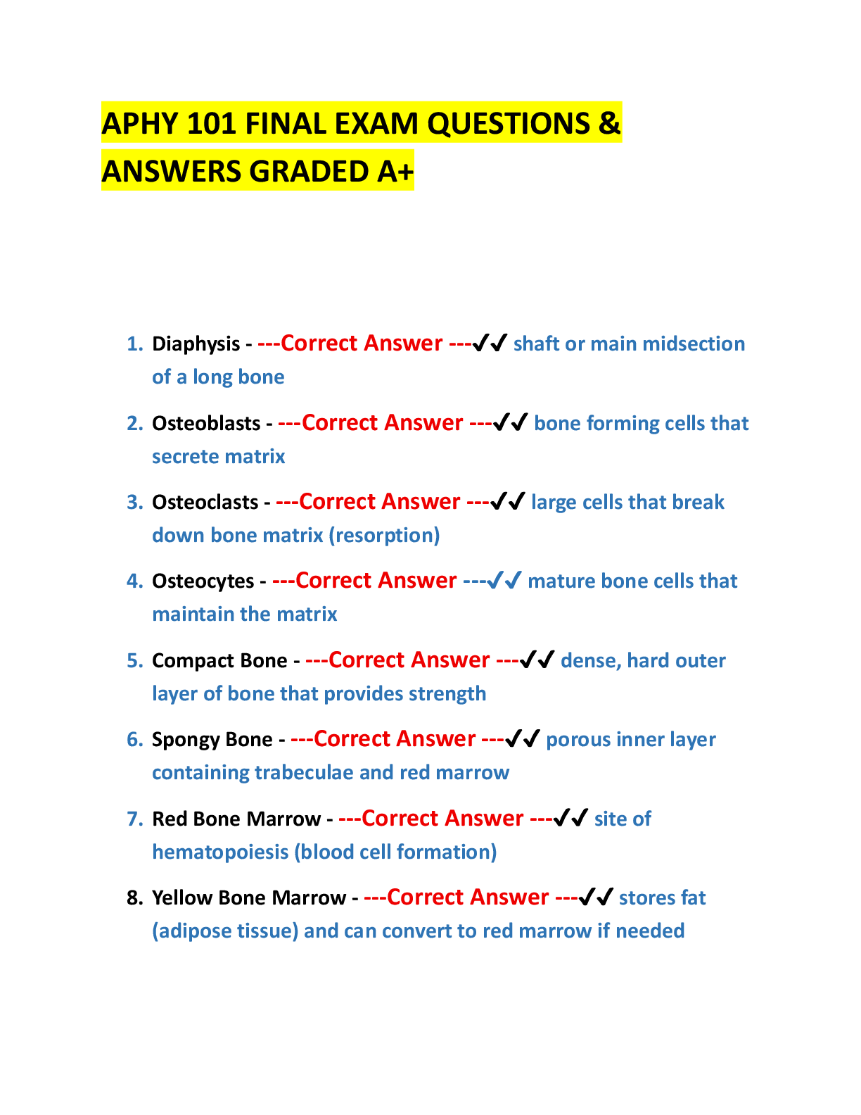 APHY 101 FINAL EXAM QUESTIONS &  ANSWERS GRADED A+