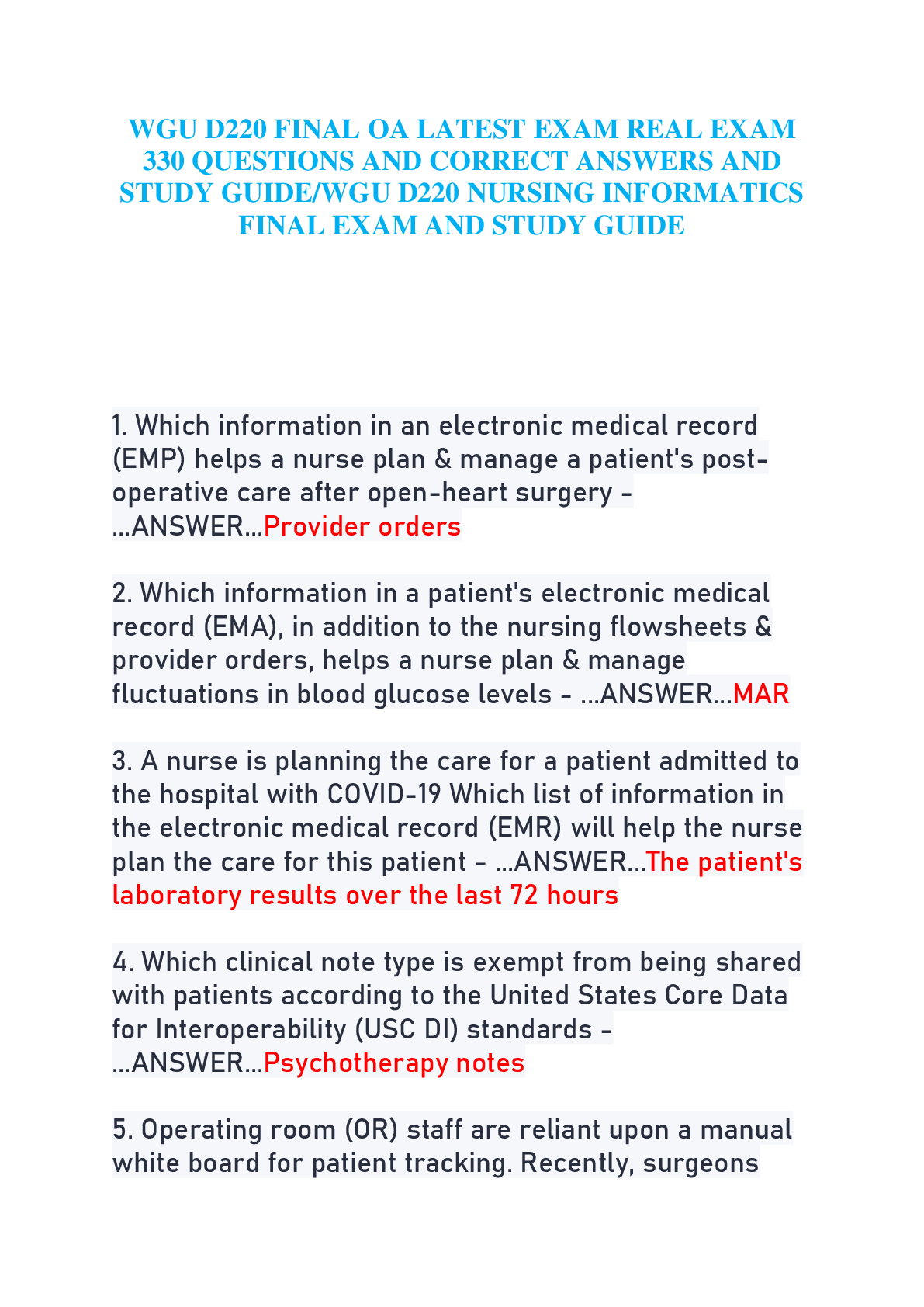 Recommended document preview for WGU D220 FINAL OA LATEST EXAM REAL EXAM  330 QUESTIONS AND CORRECT ANSWERS AND  STUDY GUIDE/WGU D220 NURSING INFORMATICS  FINAL EXAM AND STUDY GUIDE