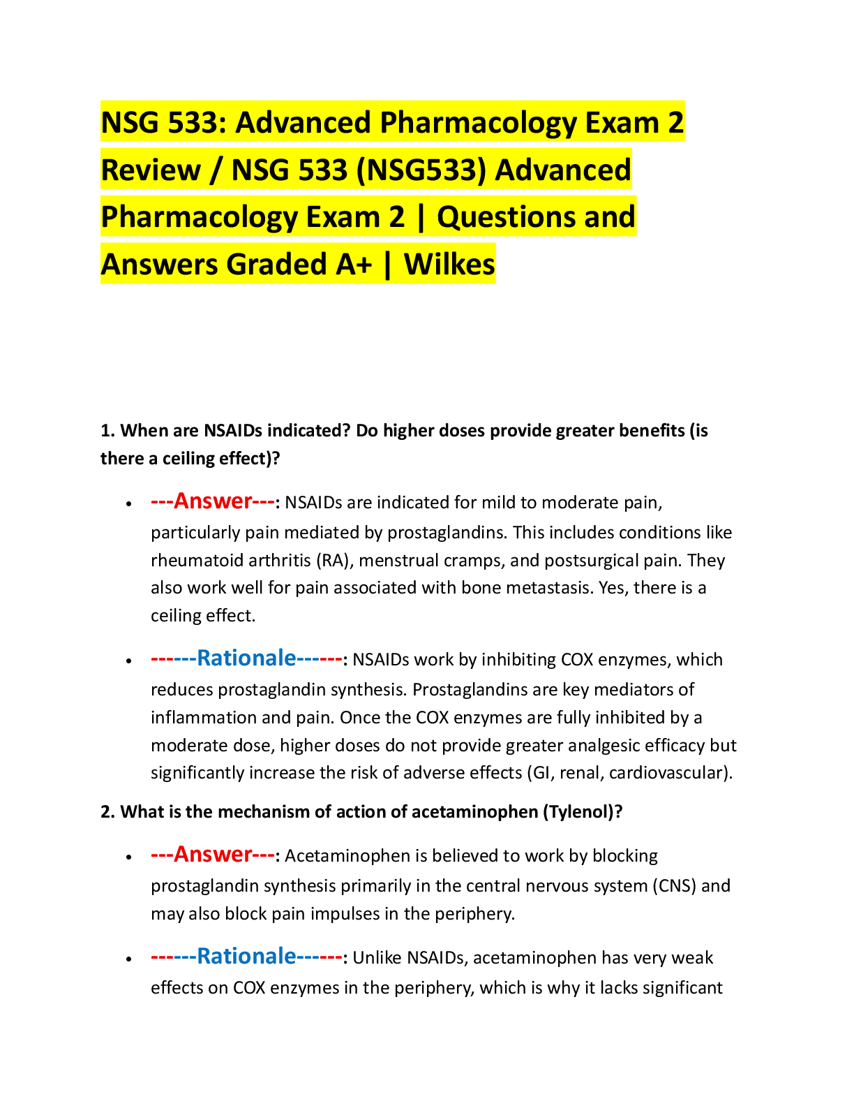 NSG 533: Advanced Pharmacology Exam 2  Review / NSG 533 (NSG533) Advanced  Pharmacology Exam 2 | Questions and  Answers Graded A+ | Wilkes