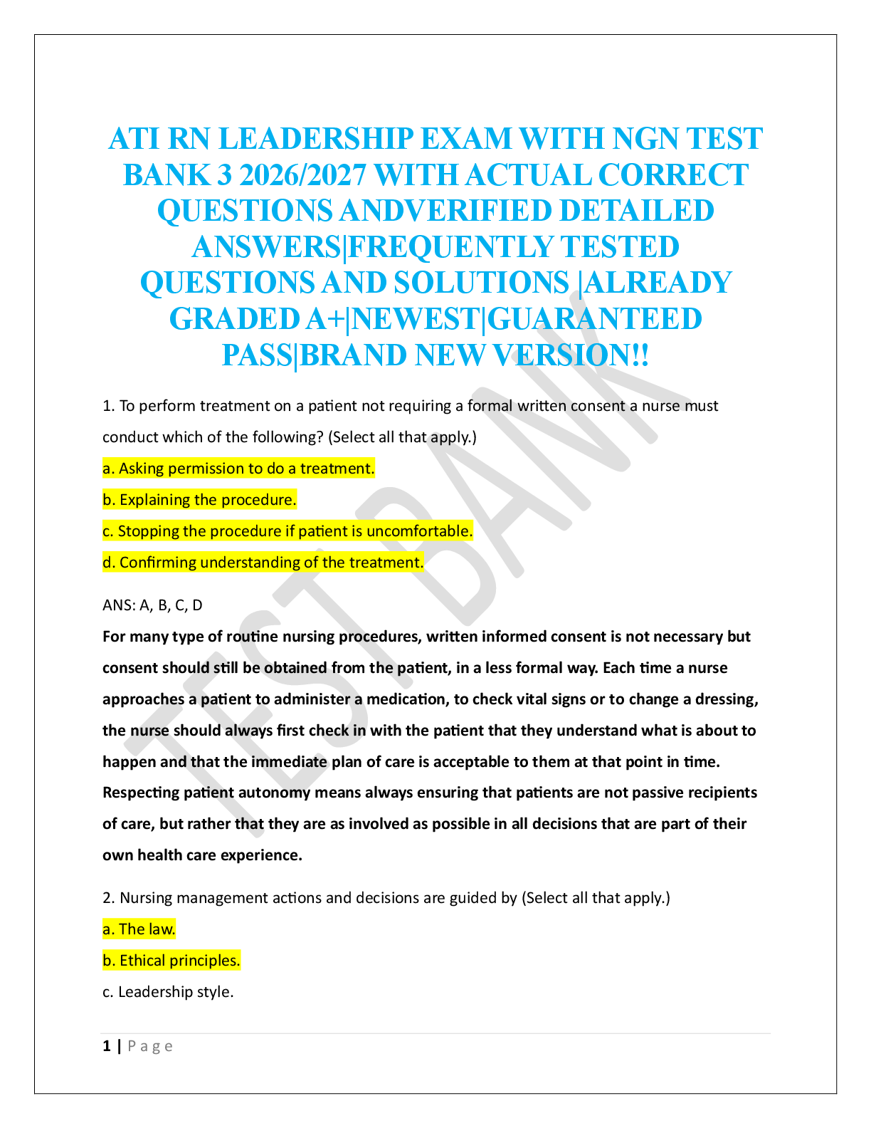 ATI RN LEADERSHIP EXAM WITH NGN TEST  BANK 3 2026/2027
