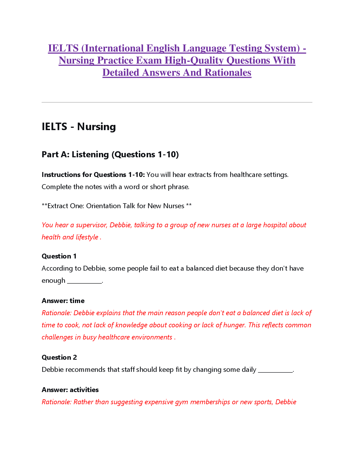 Preview of IELTS (International English Language Testing System) -  Nursing Practice Exam High-Qualit