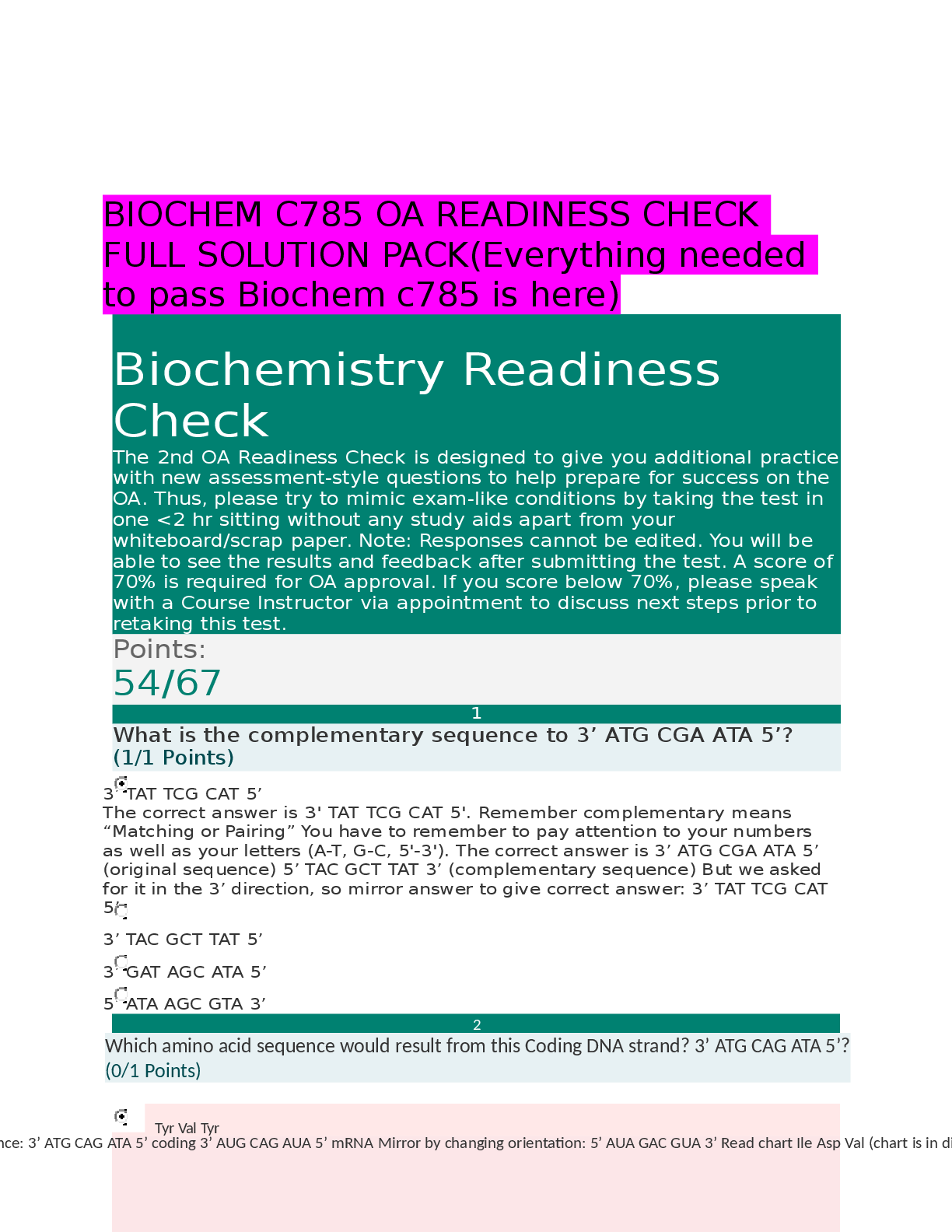 Preview of BIOCHEM C785 OA READINESS CHECK  FULL SOLUTION PACK(Everything needed  to pass Biochem c78