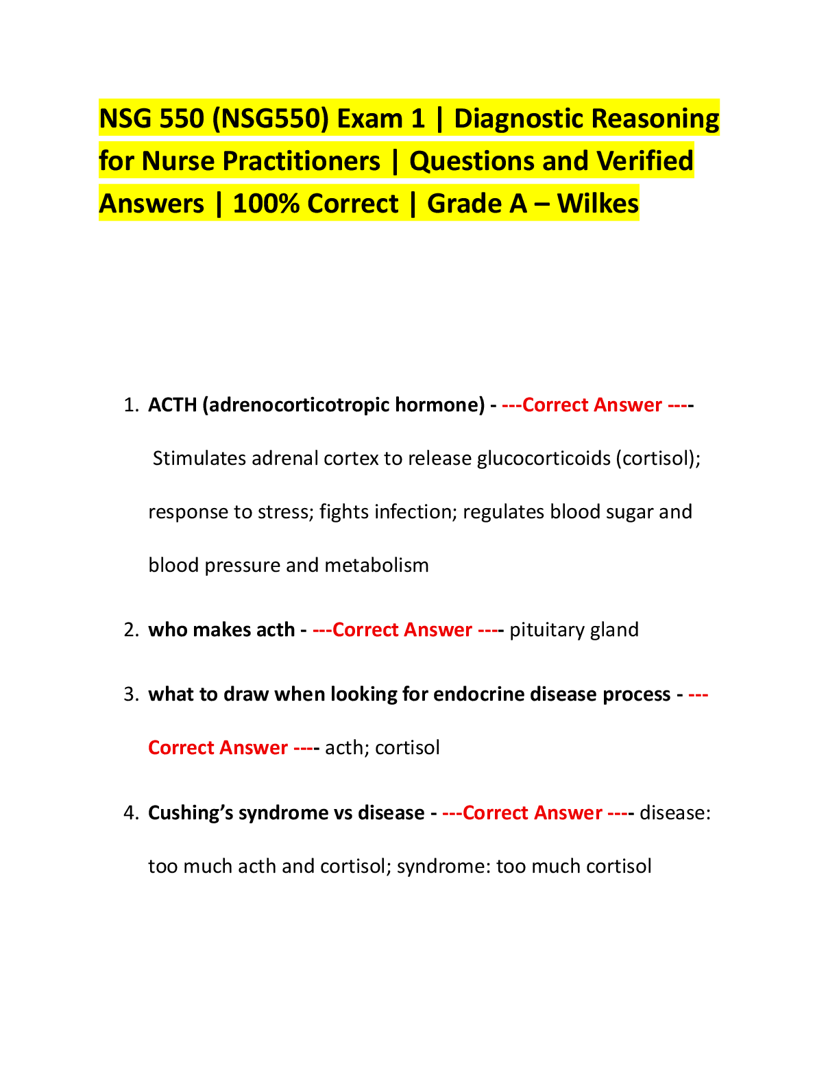 Preview of NSG 550 (NSG550) Exam 1 | Diagnostic Reasoning  for Nurse Practitioners | Questions and Ve