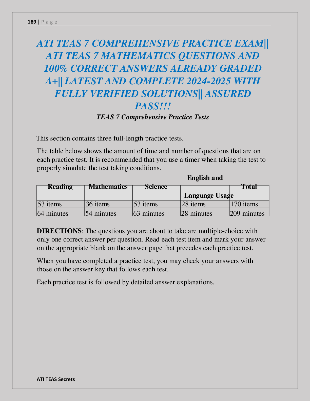 Preview of ATI TEAS 7 COMPREHENSIVE PRACTICE EXAM||  ATI TEAS 7 MATHEMATICS QUESTIONS AND  100% CORRE
